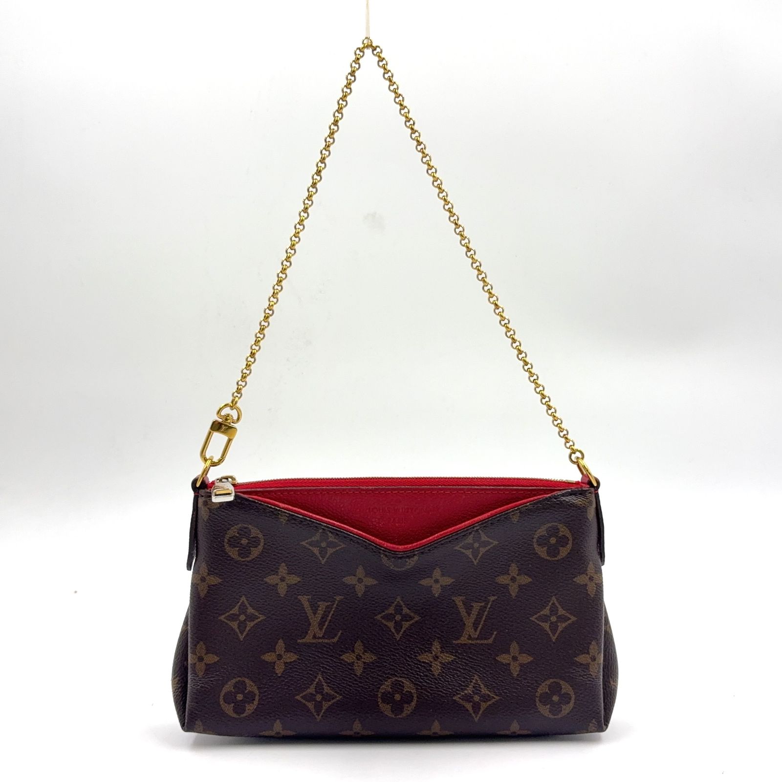 新着 LOUIS VUITTON パラス クラッチ モノグラム モノグラム スリーズ レザー×PVC ブラウン×レッド ハンドバッグ ゴールド M41638