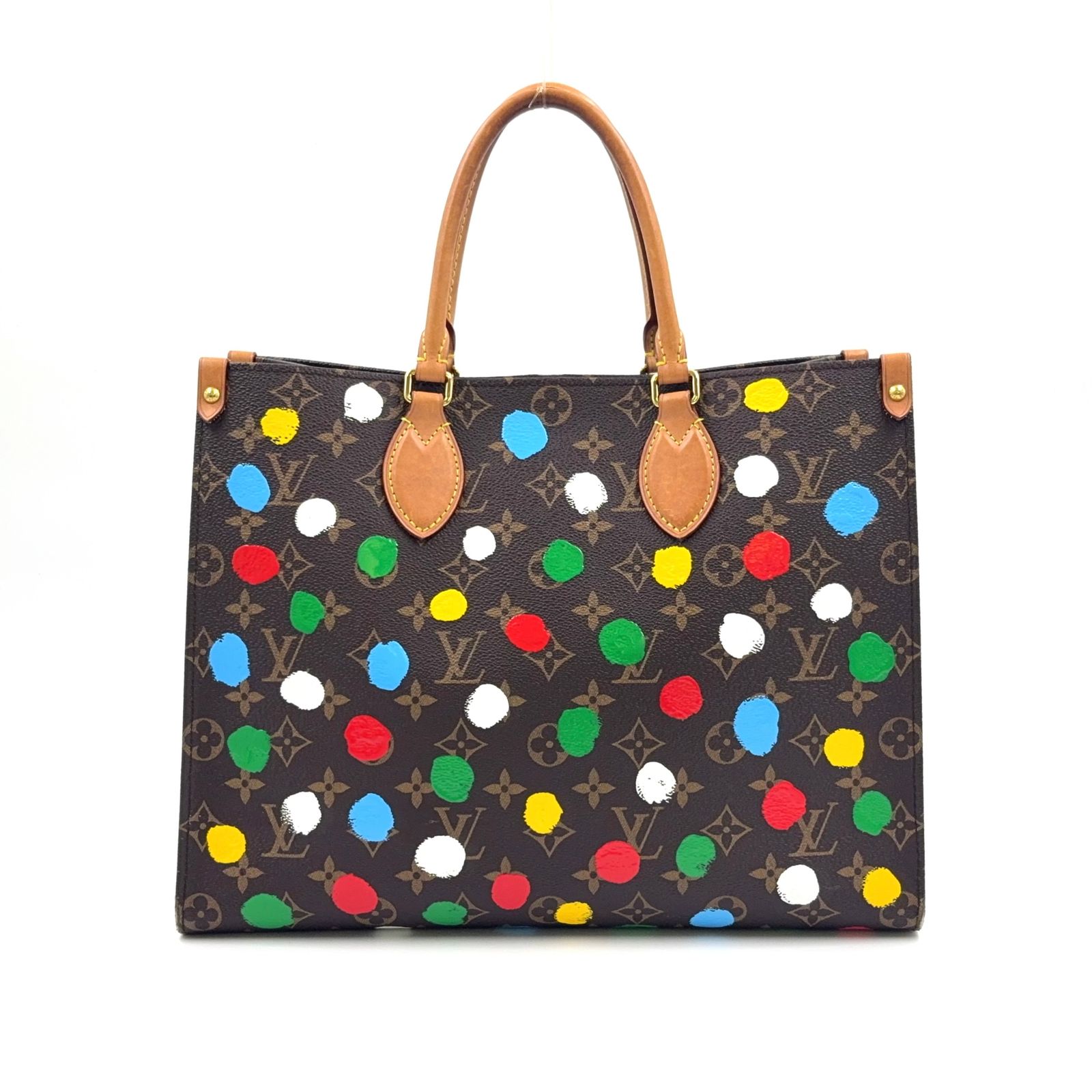 新着 LOUIS VUITTON オンザゴー MM モノグラム 草間彌生コラボ RFID対応 PVC ブラウン×マルチカラー ハンドバッグ ゴールド M46379