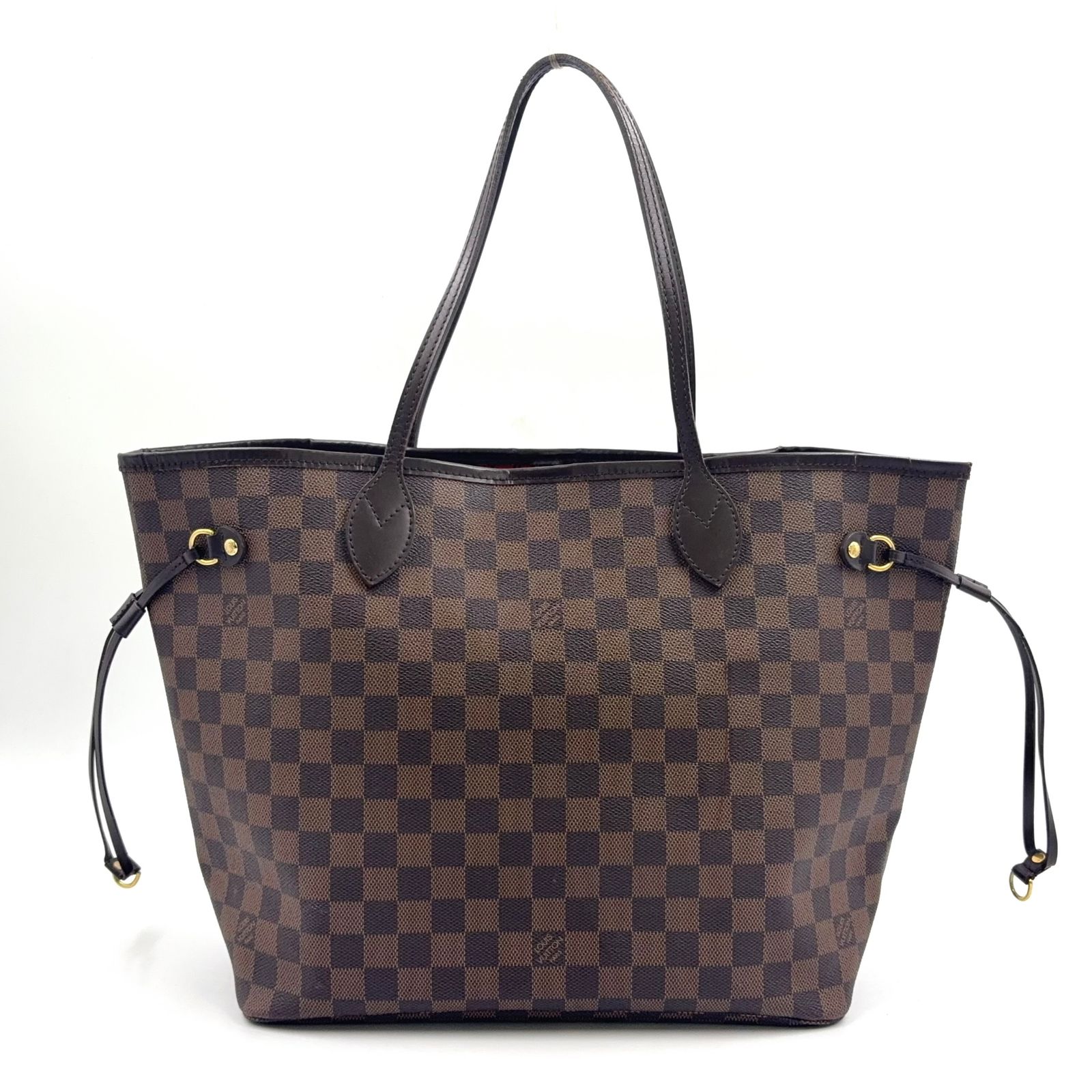 新着 LOUIS VUITTON ネヴァーフルMM ダミエエベヌ ダミエエベヌ レザー×PVC ブラウン×レッド トートバッグ ゴールド N51105