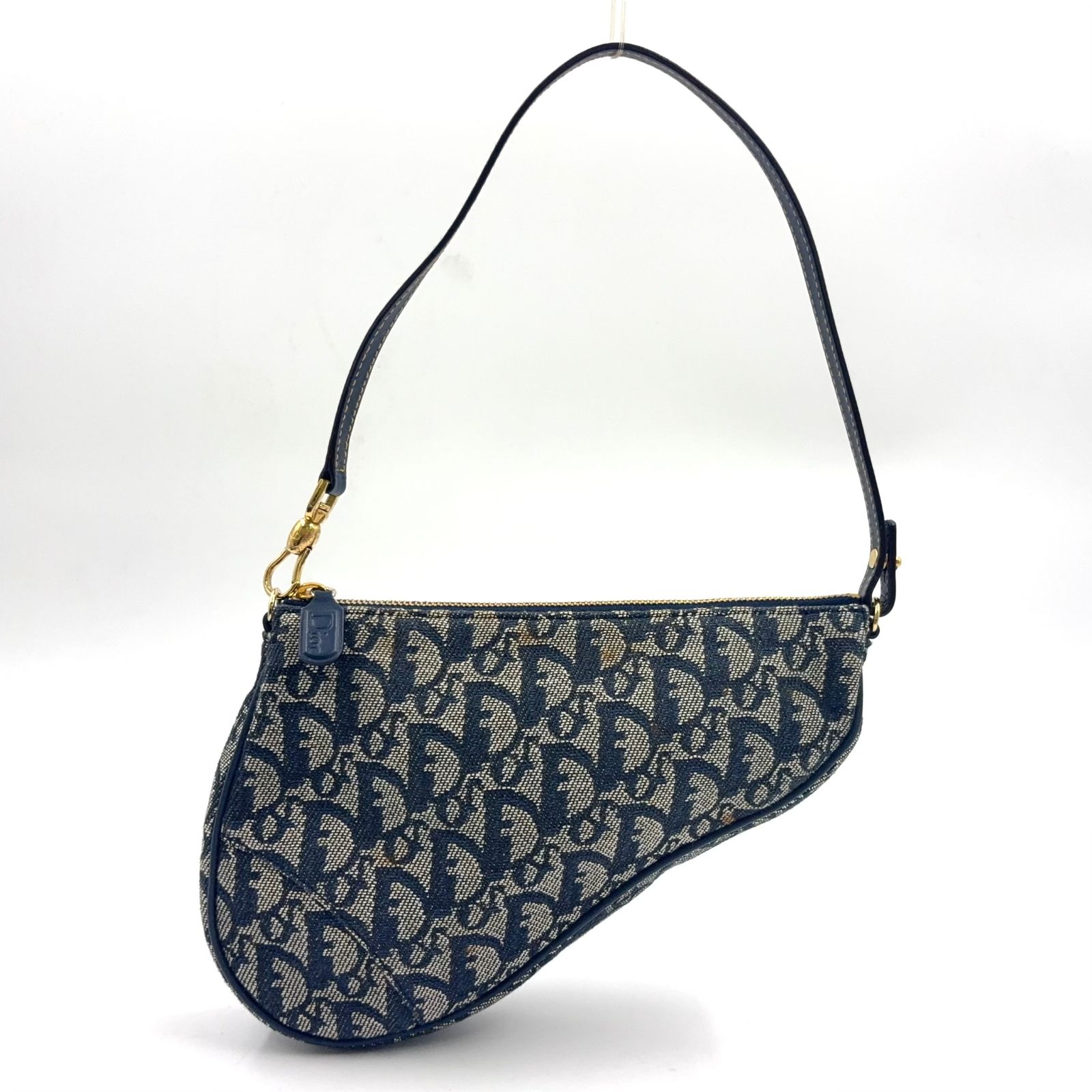 新着 Christian Dior トロッター サドル レザー×キャンバス ネイビー ハンドバッグ ゴールド