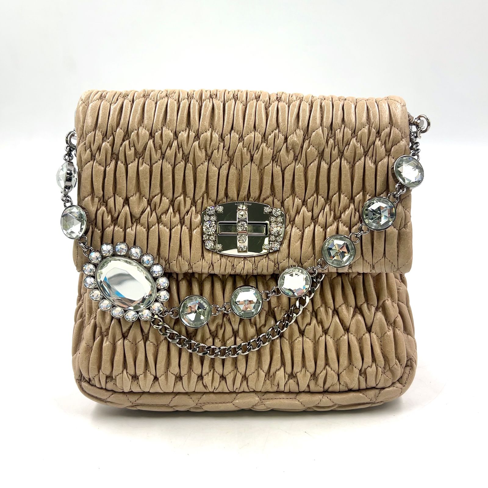 新着 miu miu ナッパクリスタル 2WAY チェーンショルダー レザー