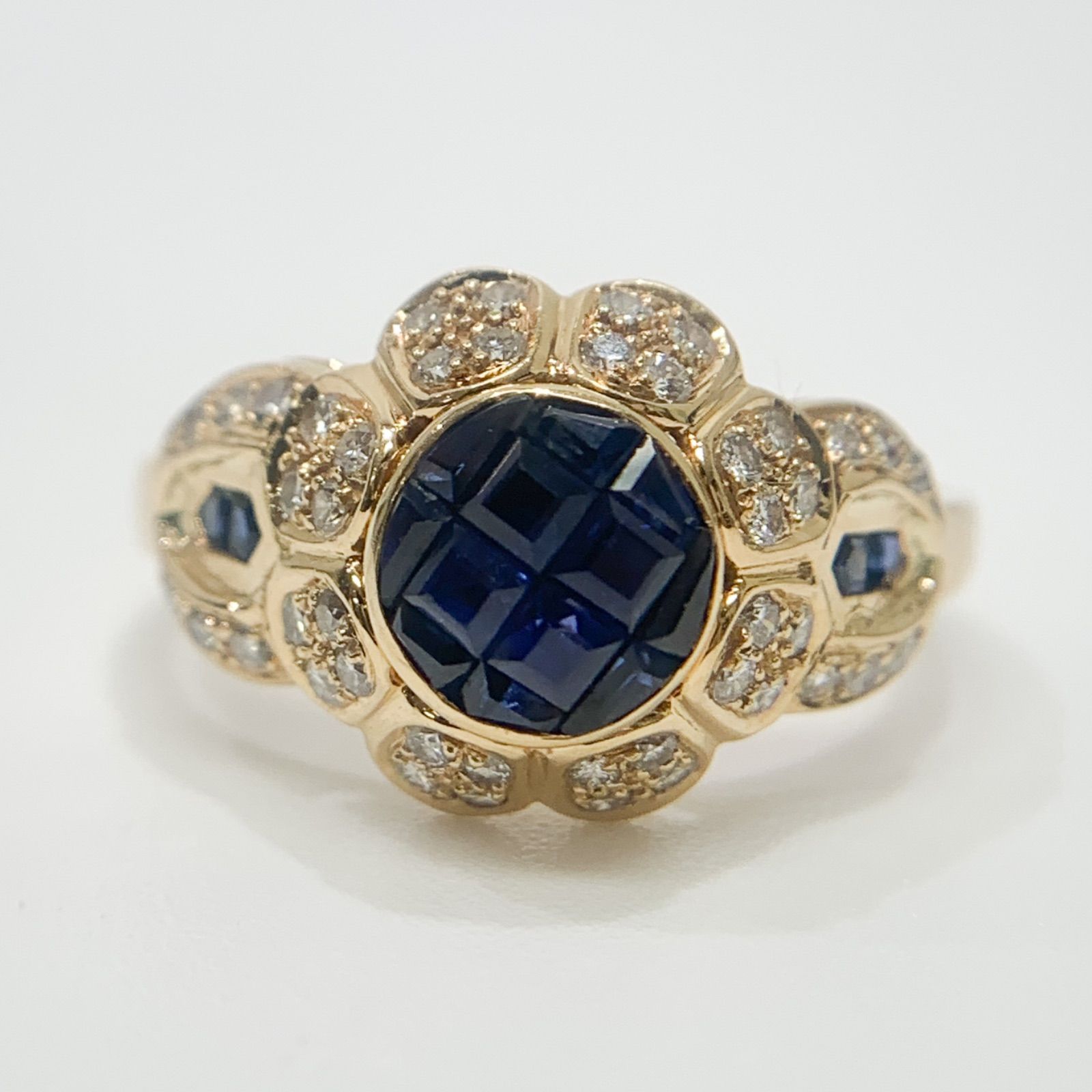 中古】MOUAWAD モワード サファイア ダイヤ リング お花モチーフ K18YG 