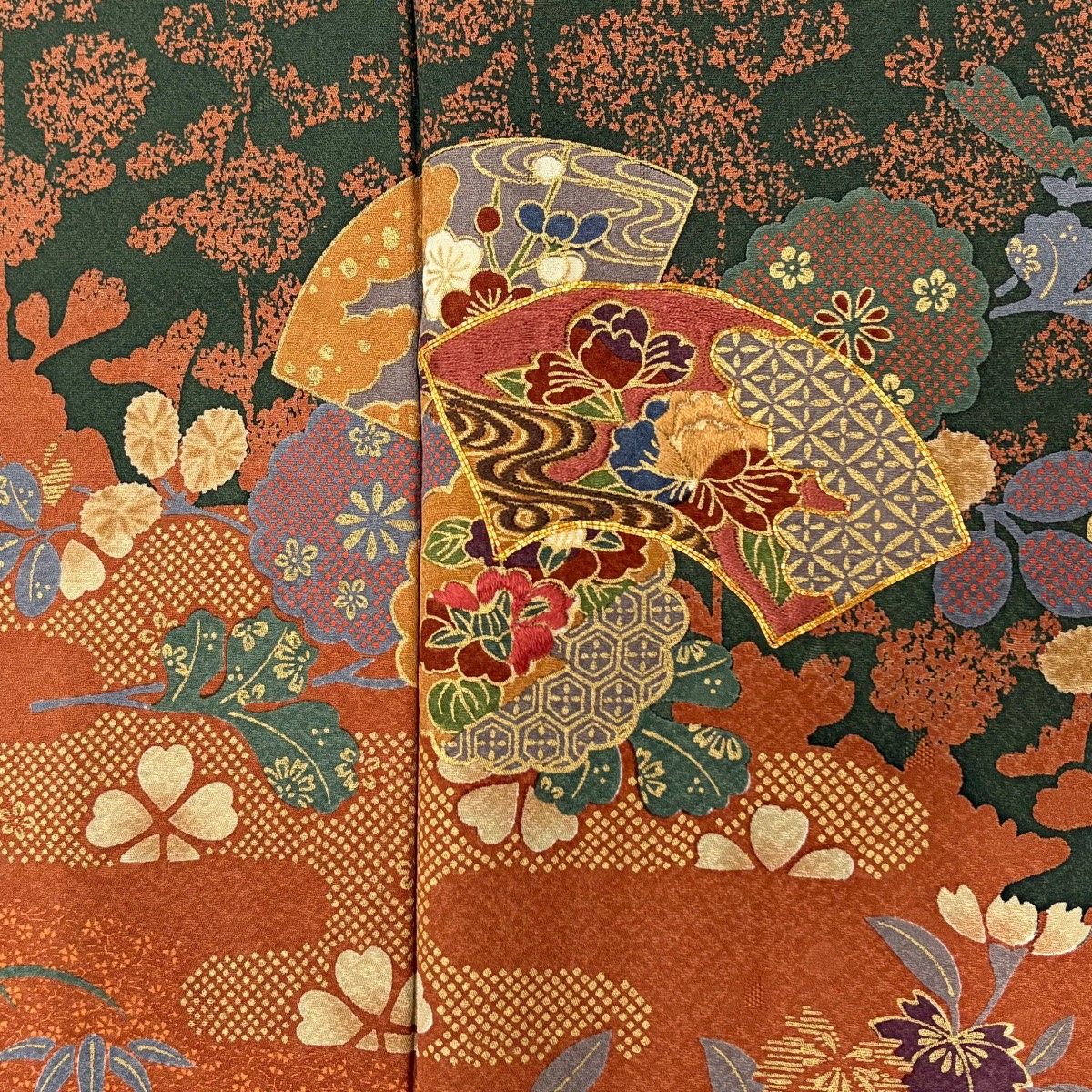 在庫一掃】 訪問着 身丈160.5cm 裄丈66cm M 袷 扇面 草花 金糸 刺繍