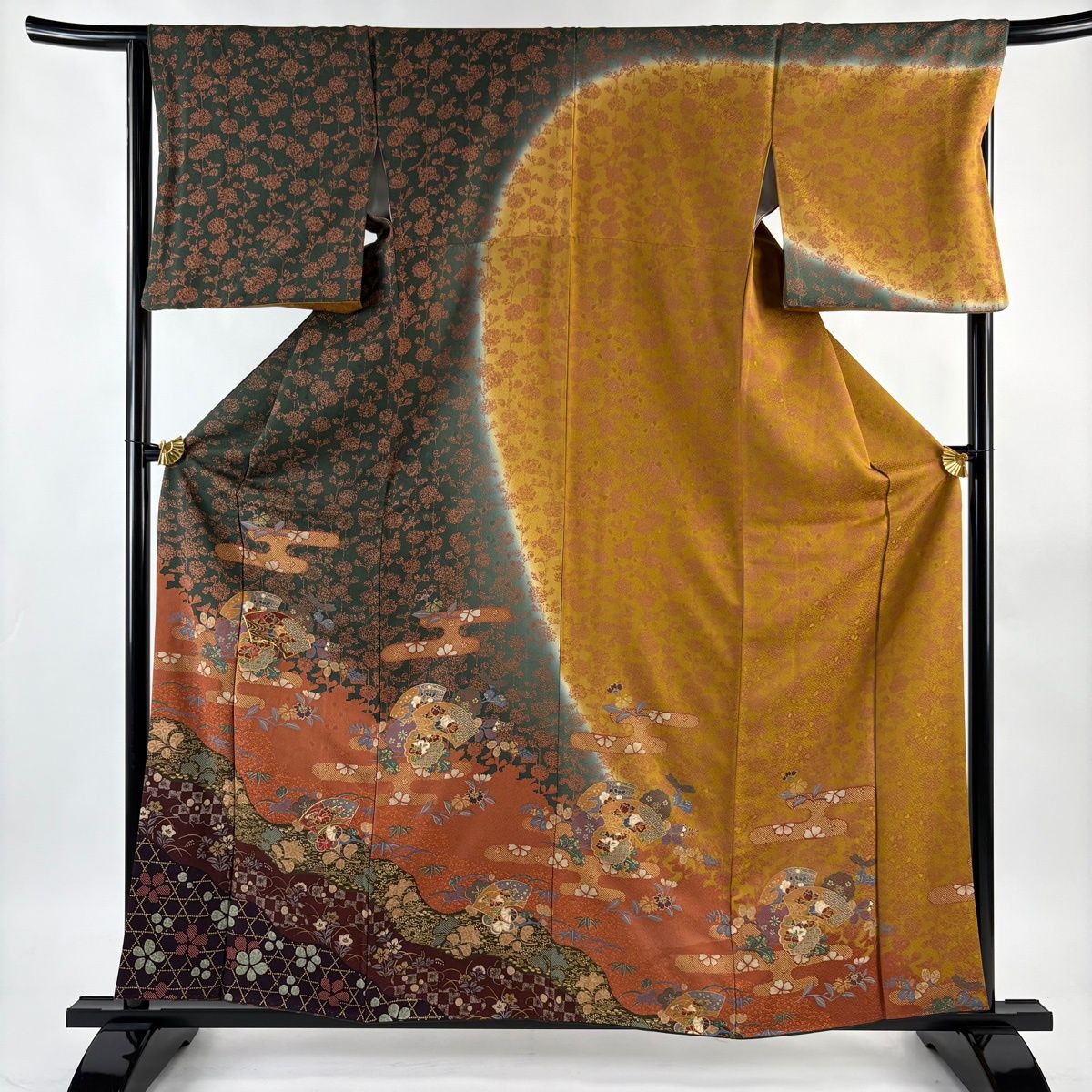 在庫一掃】 訪問着 身丈160.5cm 裄丈66cm M 袷 扇面 草花 金糸 刺繍