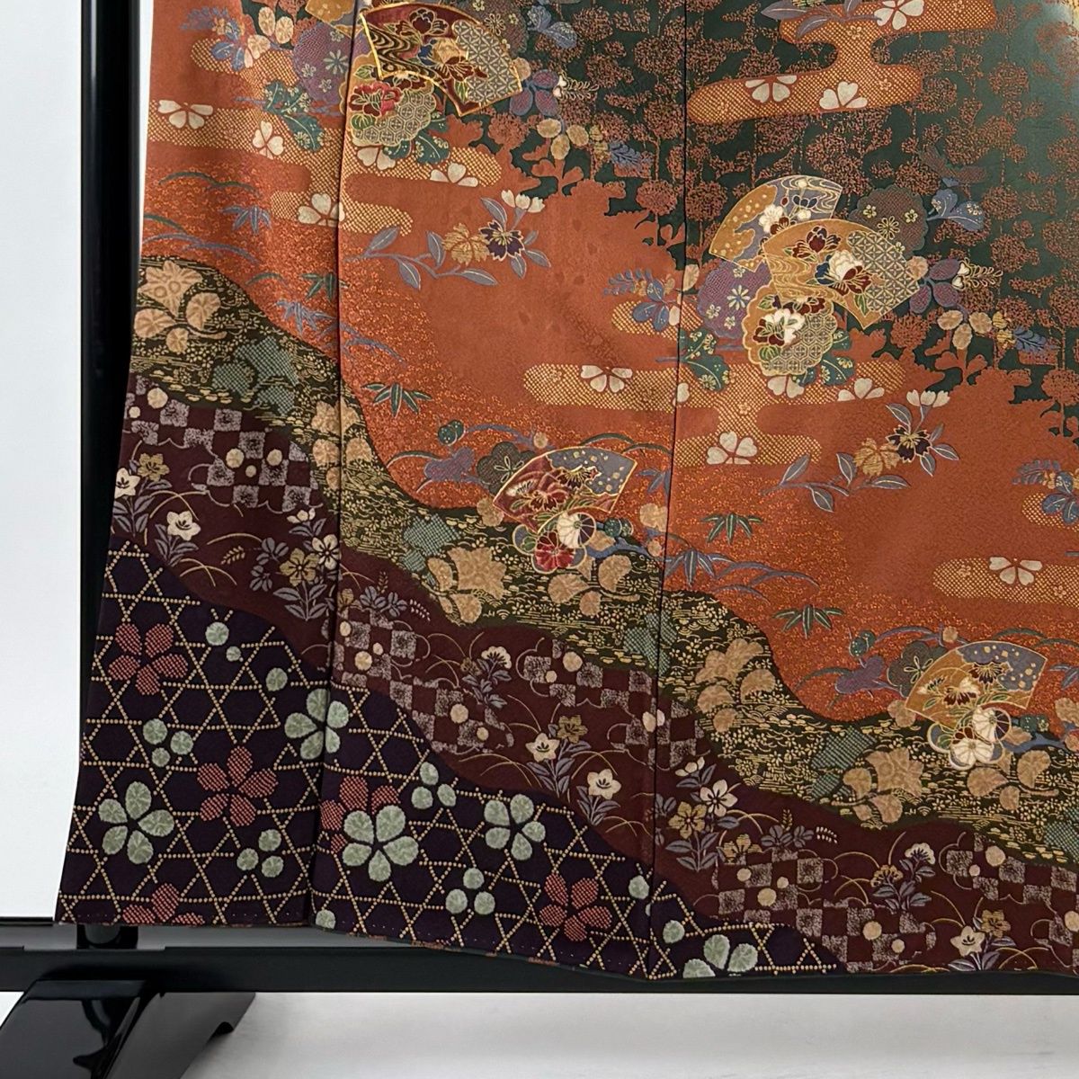 在庫一掃】 訪問着 身丈160.5cm 裄丈66cm M 袷 扇面 草花 金糸 刺繍