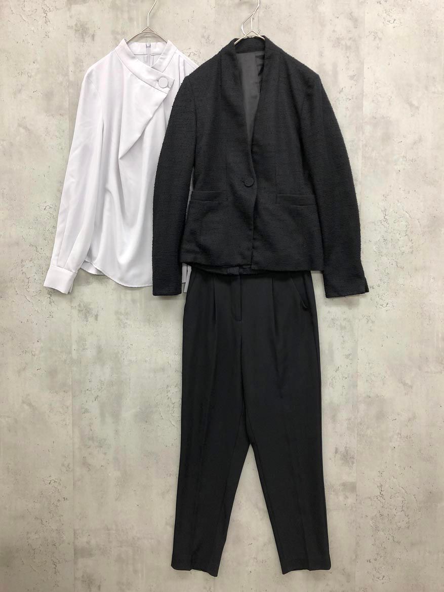 RUIRUE BOUTIQUE ルイルエブティック ノーカラーベーシック3ピース ブラウス セットアップ ジャケット パンツ スーツ sizeS/黒 ■■◎レディース