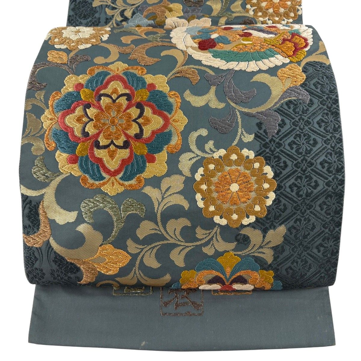 【在庫一掃】 袋帯 逸品 証紙 鴛鴦 花唐草 金糸 箔 緑 六通 正絹 【中古】