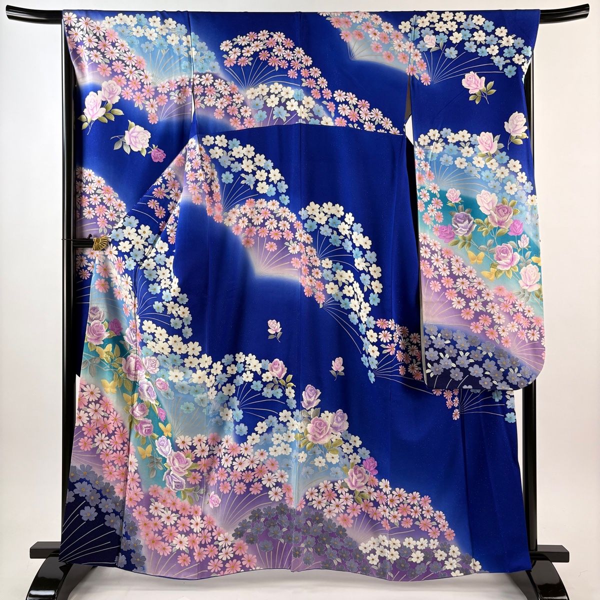 在庫一掃】 振袖 身丈163.5cm 裄丈66.5cm M 袷 薔薇 蝶 銀通し 刺繍 青