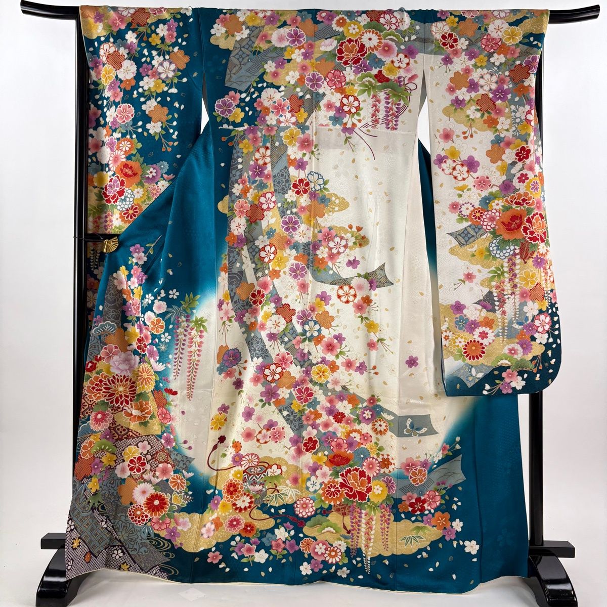 在庫一掃 振袖 身丈168.5cm 裄丈68cm L 袷 草花 短冊 金糸 銀通し 青