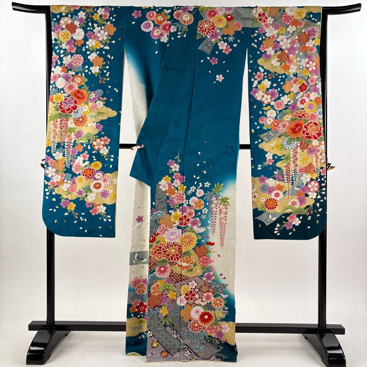 在庫一掃】 振袖 身丈168.5cm 裄丈68cm L 袷 草花 短冊 金糸 銀通し 青