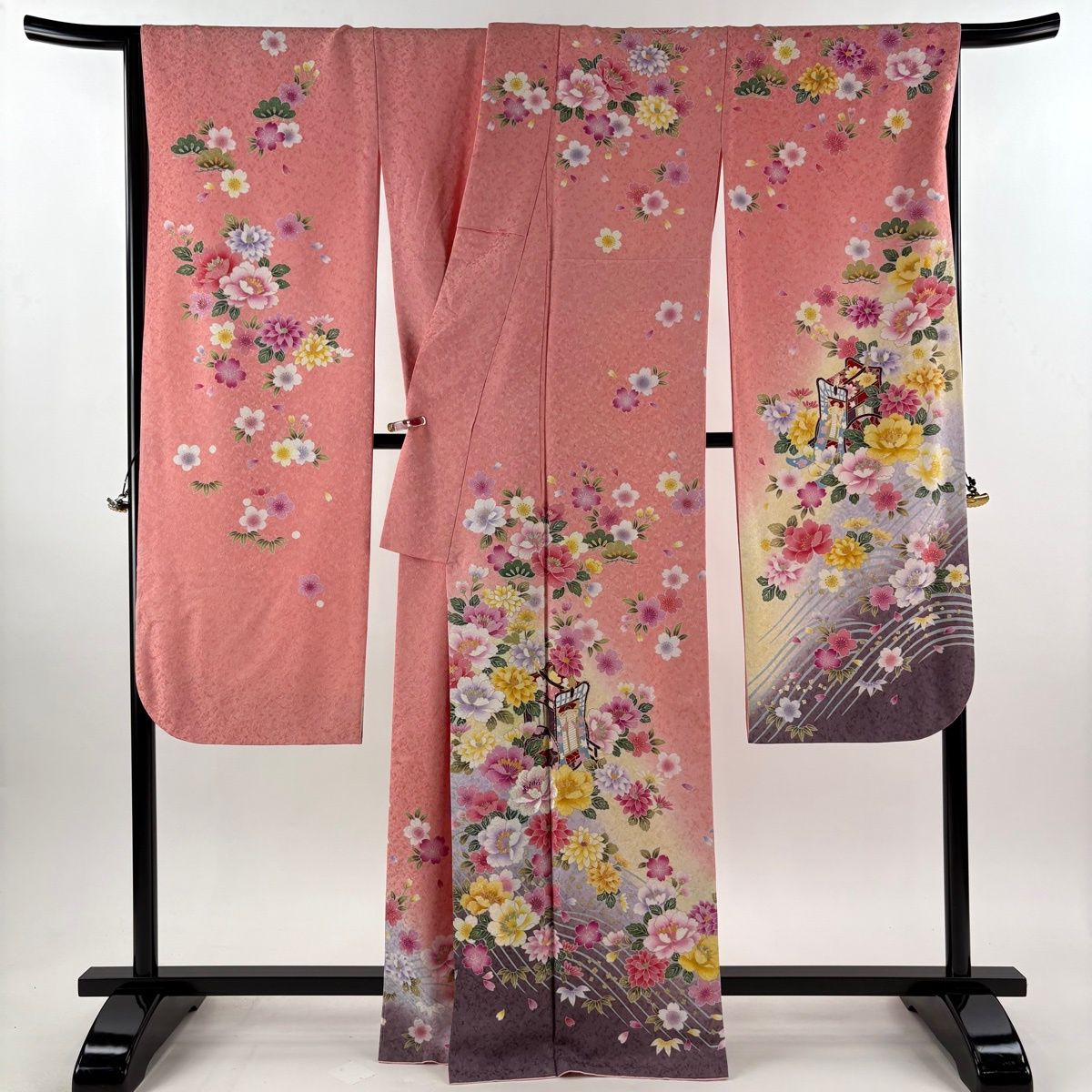在庫一掃】 振袖 身丈166cm 裄丈73cm L 袷 御所車 草花 刺繍 金通し