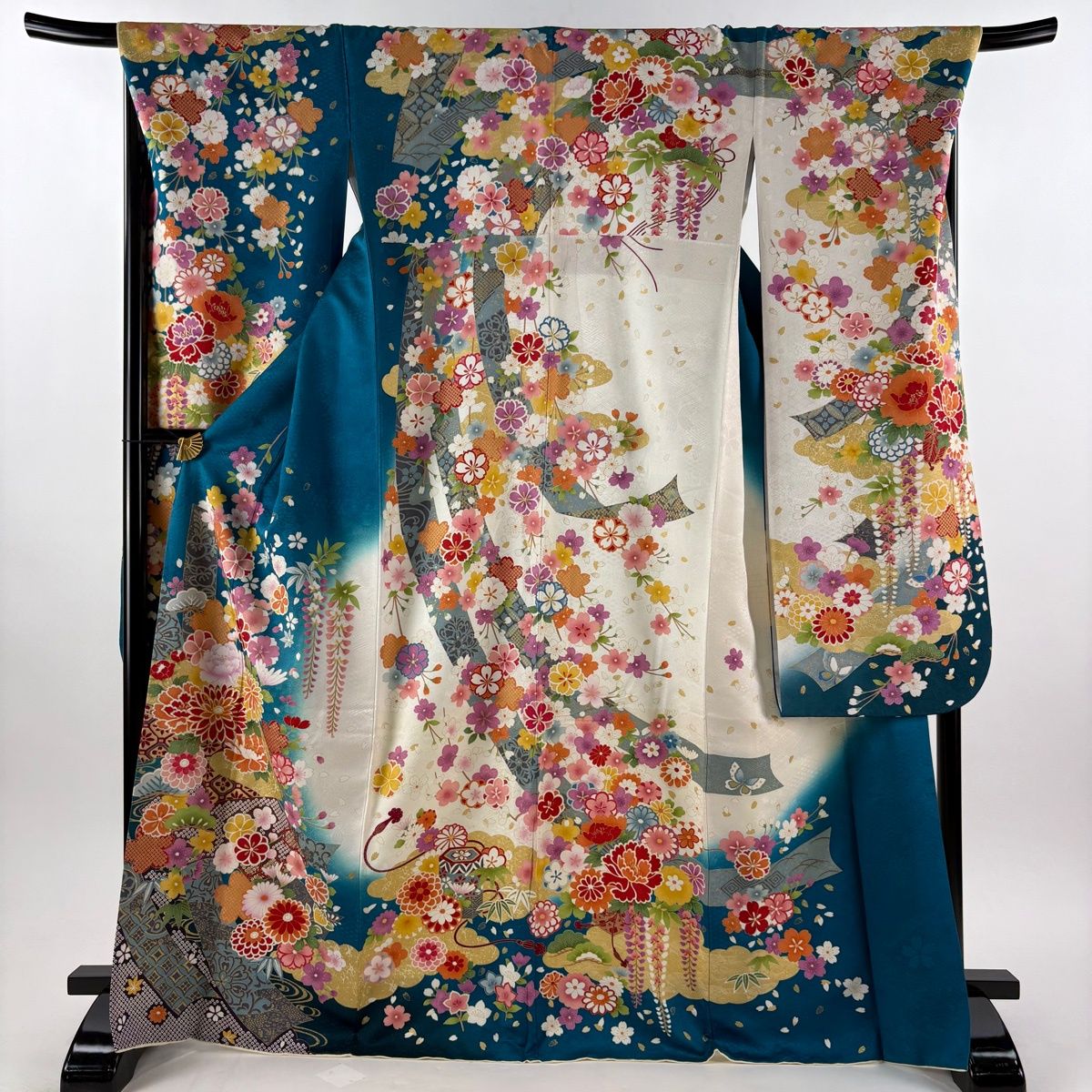 【在庫一掃】 振袖 身丈171cm 裄丈70cm L 袷 草花 熨斗 銀通し 刺繍 青緑 正絹 逸品 【中古】