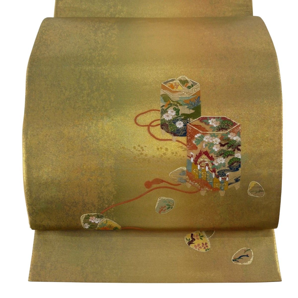 【在庫一掃】 【美品】 袋帯 逸品 貝桶 貝合わせ 金彩 箔 金色 お太鼓柄 正絹 【中古】
