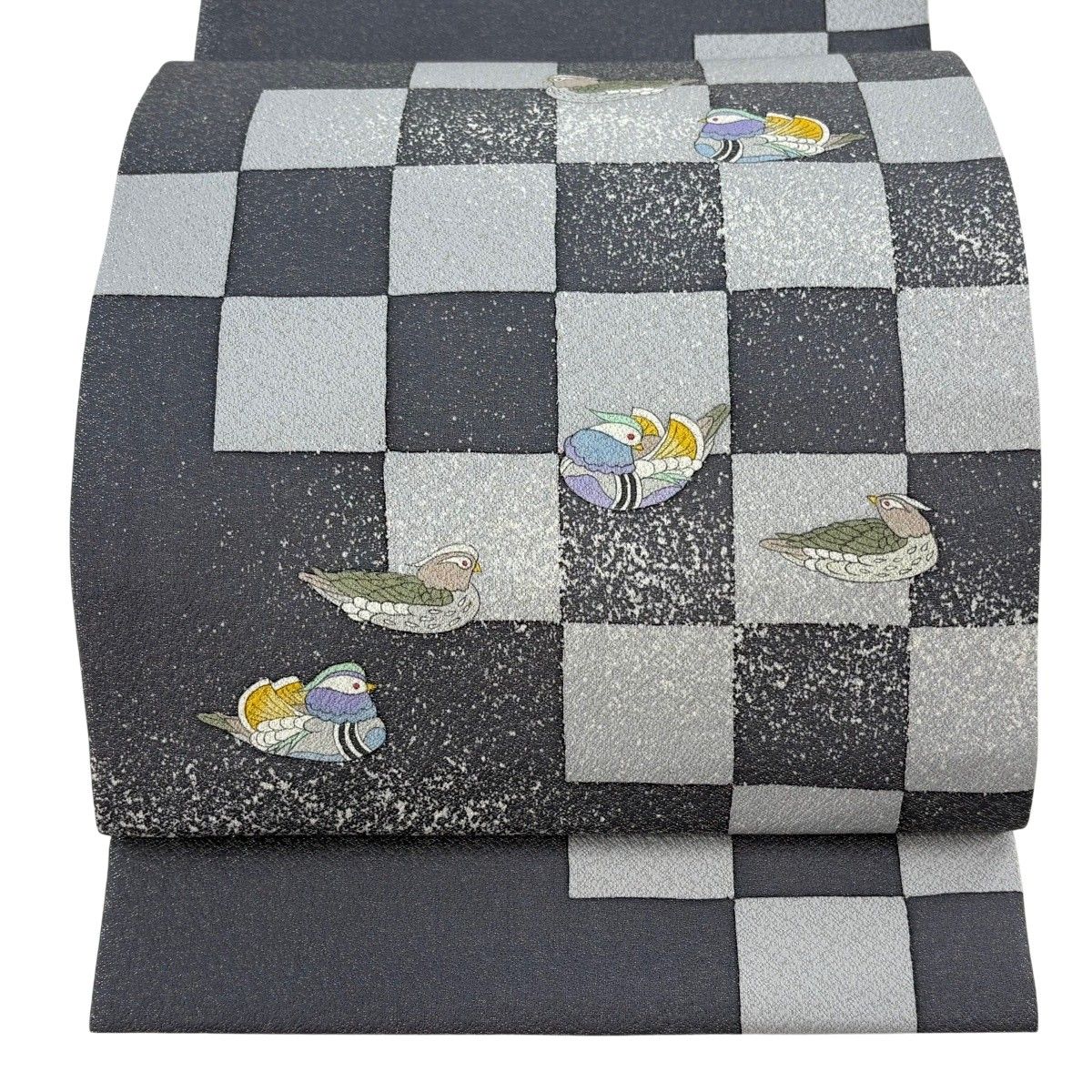 【在庫一掃】 【美品】 袋帯 逸品 落款 鴛鴦 市松 銀糸 灰色 お太鼓柄 正絹 【中古】 8,501円