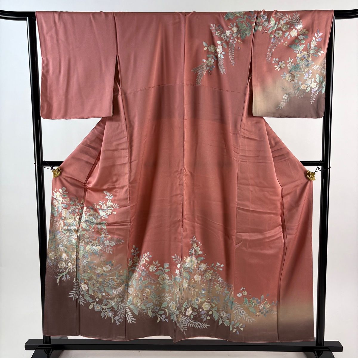 在庫一掃】 訪問着 身丈154cm 裄丈65.5cm M 袷 草花 鳥 金銀彩 ぼかし