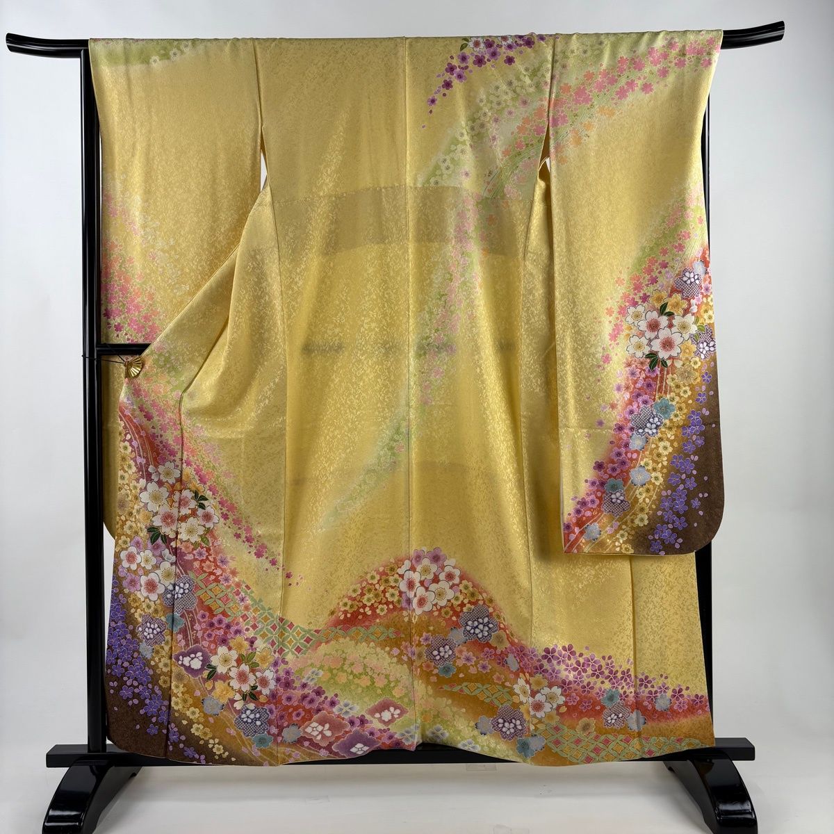 在庫一掃】 振袖 身丈159.5cm 裄丈68cm L 袷 桜 梅 金通し 金彩 黄色 