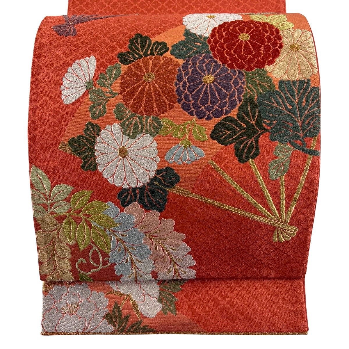 在庫一掃】 【美品】 袋帯 名品 関西仕立て 扇 草花 唐織 金糸