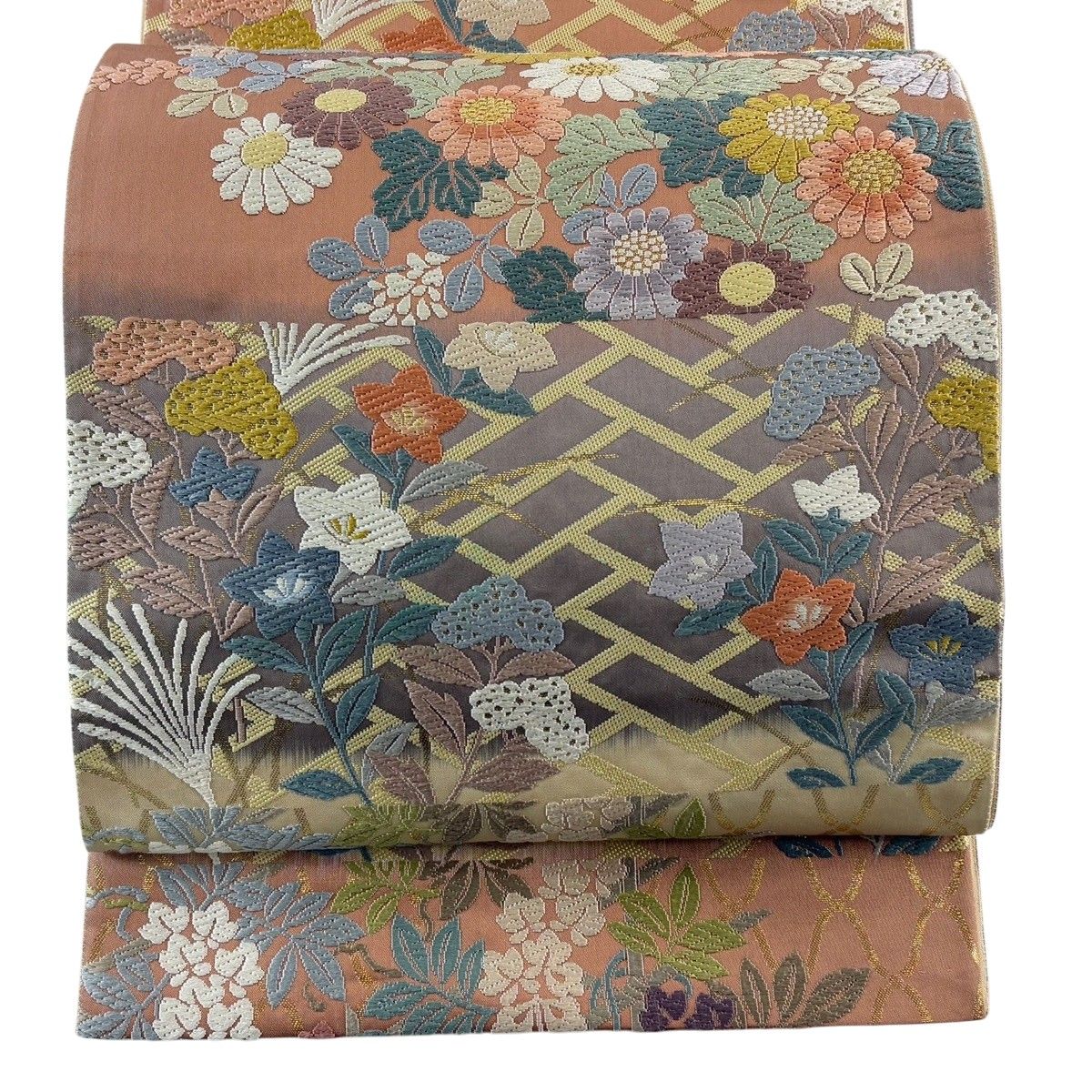 袋帯 名品 菊 金糸 唐織 ベージュ 六通 正絹 中古 袋帯 美品 秀品 瑞宝 