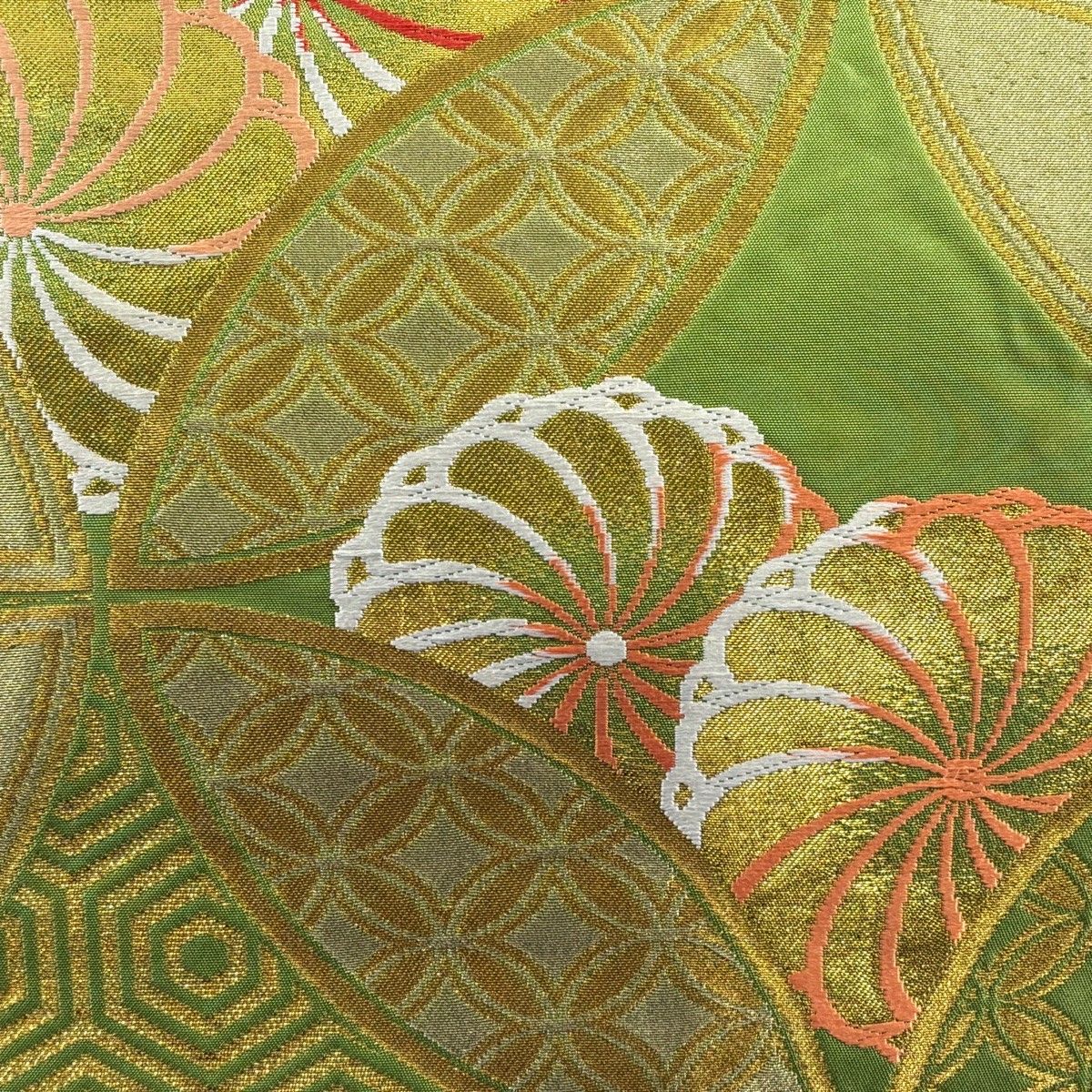 在庫一掃】 袋帯 名品 川島織物 落款 関西仕立て 菊 七宝文 刺繍 金