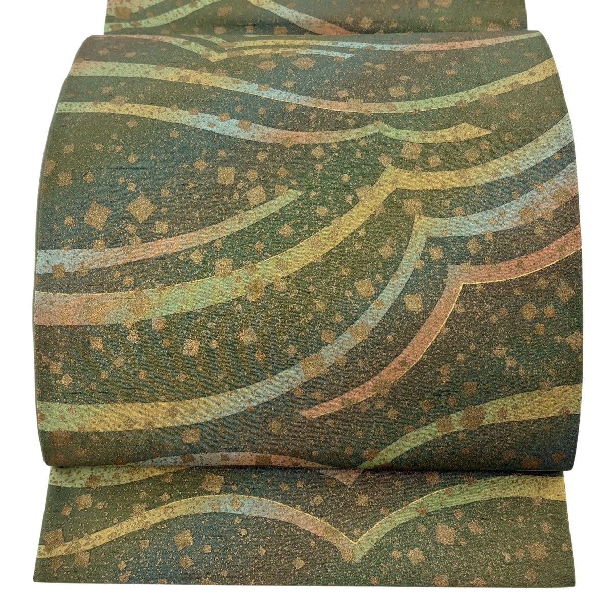 【在庫一掃】 【美品】 袋帯 逸品 落款 牛首紬地 幾何学模様 金彩 よもぎ色 全通 正絹 【中古】