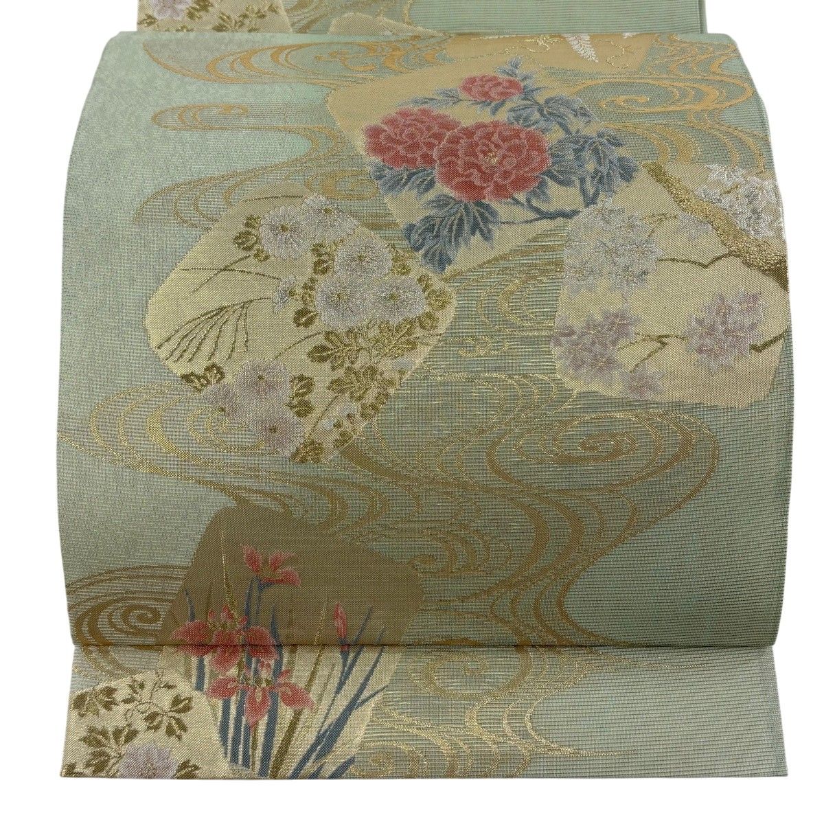 【在庫一掃】 【美品】 袋帯 逸品 証紙 色紙 草花 金銀糸 箔 薄緑 六通 正絹 【中古】