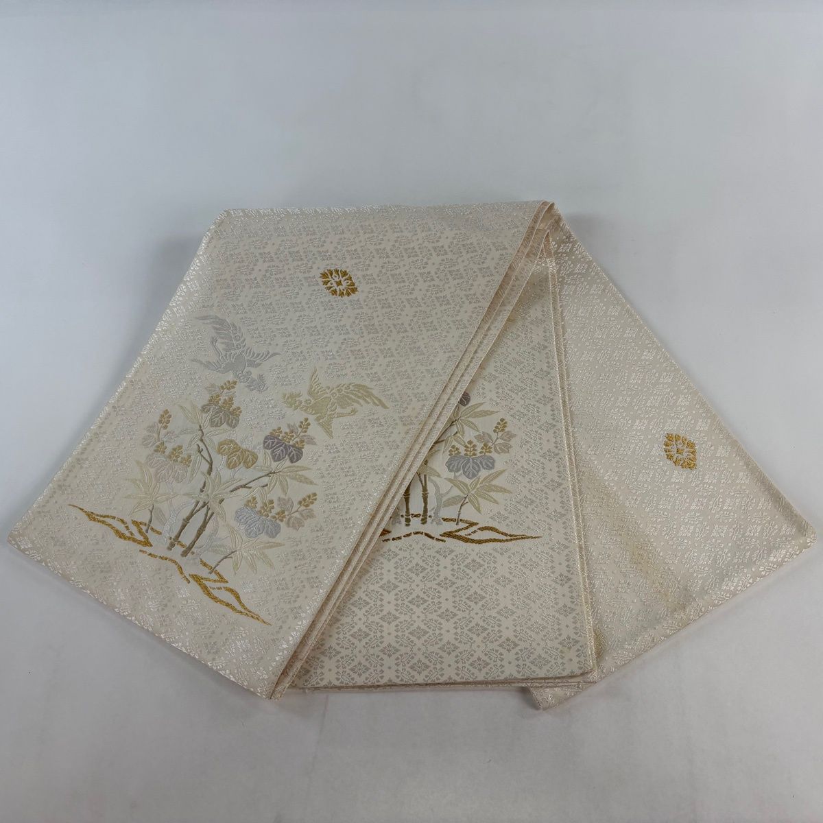 在庫一掃】 袋帯 逸品 桐竹鳳凰 花菱 金糸 唐織 クリーム お太鼓柄
