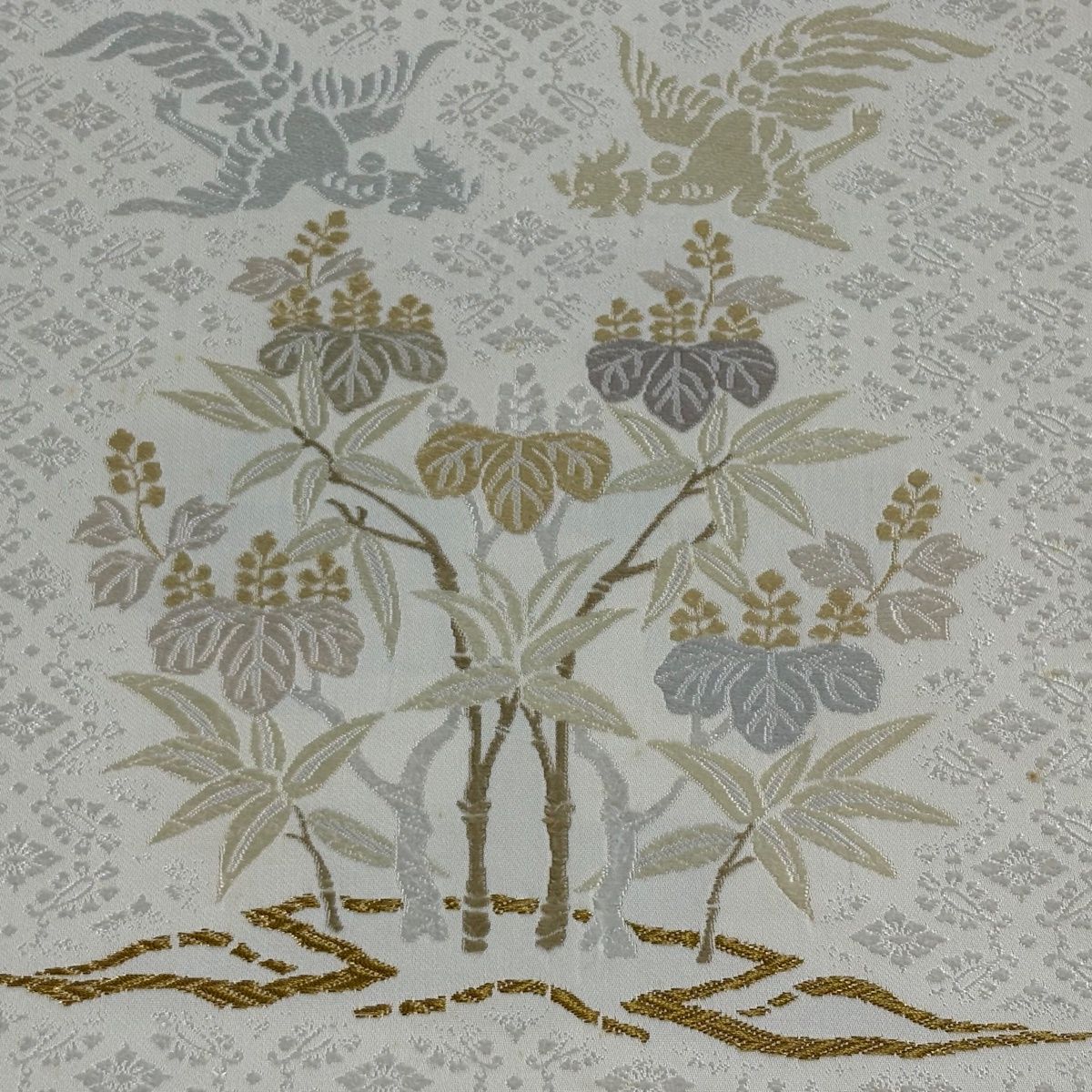 在庫一掃】 袋帯 逸品 桐竹鳳凰 花菱 金糸 唐織 クリーム お太鼓柄