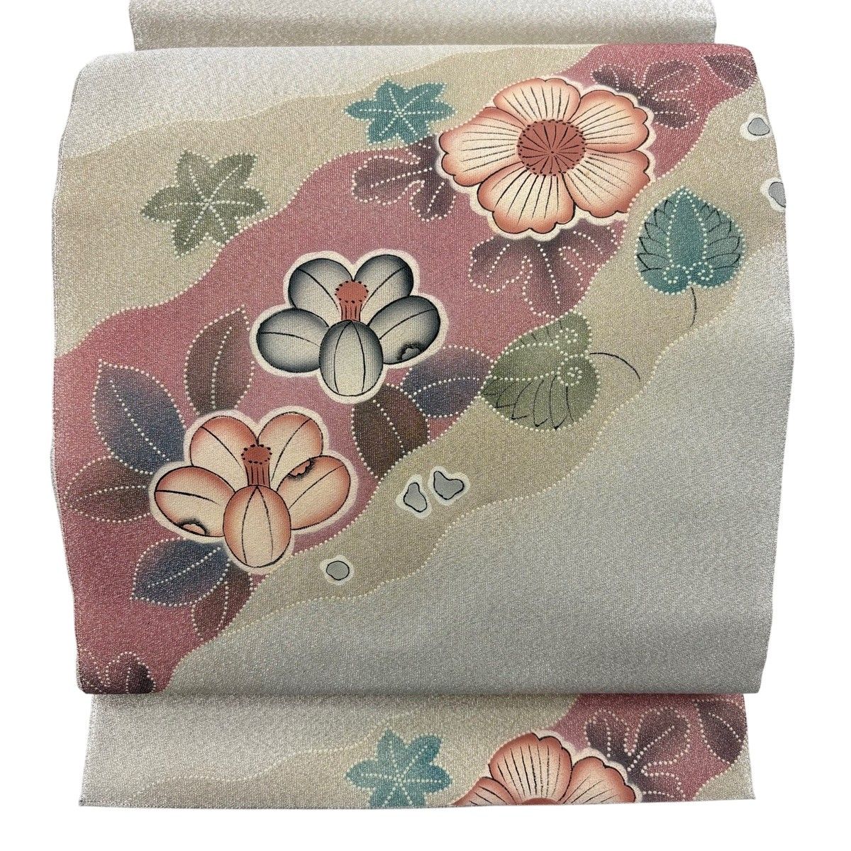在庫一掃】 【美品】 袋帯 秀品 草花 椿 銀糸 薄茶色 お太鼓柄 正絹 