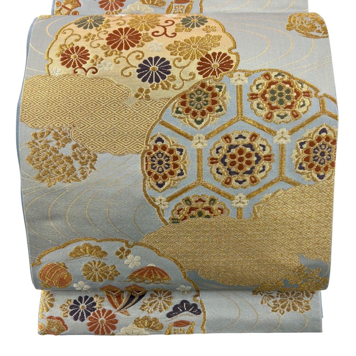 袋帯 六通 雪輪 七宝繋ぎ 金糸 銀糸 雪輪花華文 やまと誂製 在庫一掃】 【美品】 袋帯 秀品 華文 雪輪 唐織 金糸 銀色 六通 正絹