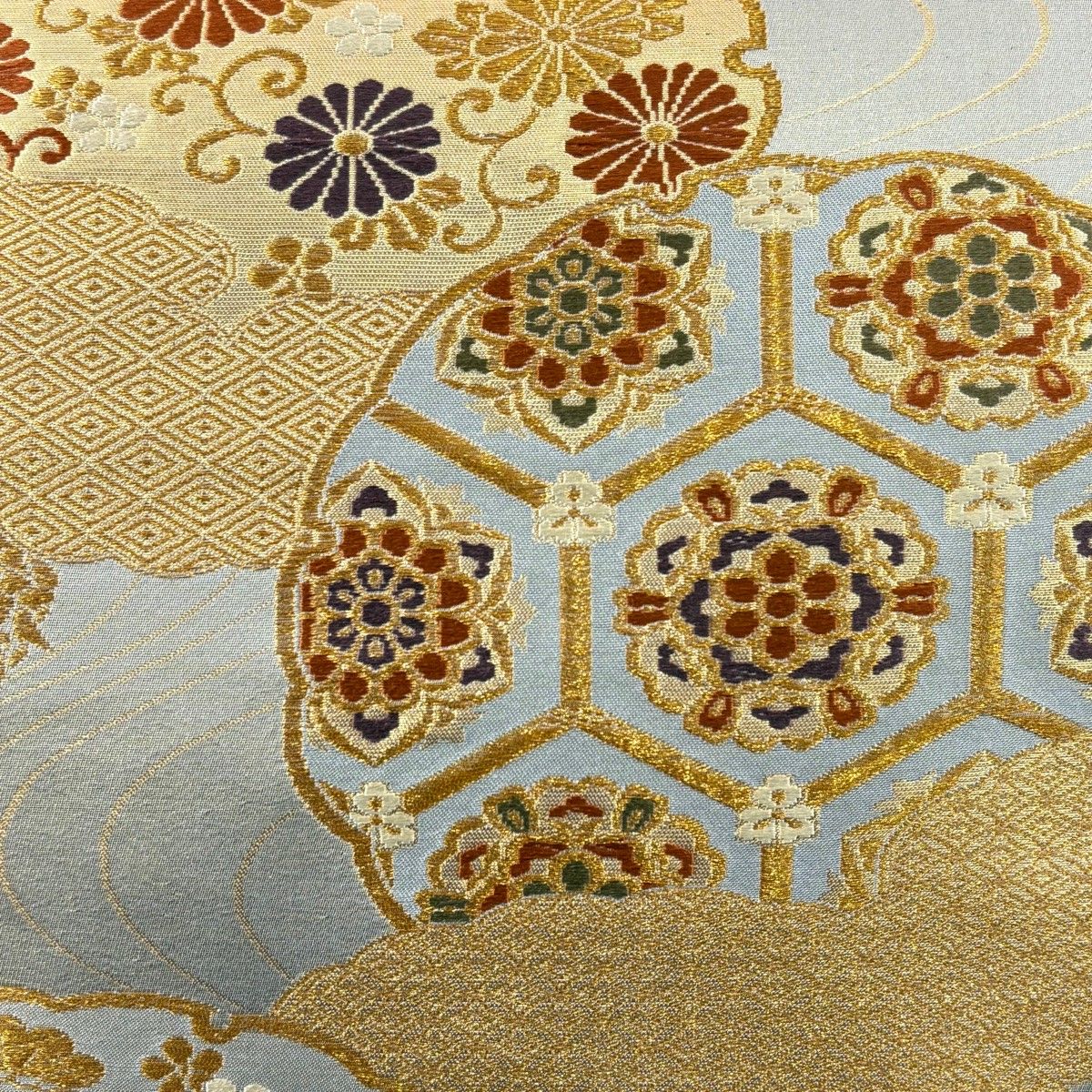 在庫一掃】 【美品】 袋帯 秀品 華文 雪輪 唐織 金糸 銀色 六通 正絹