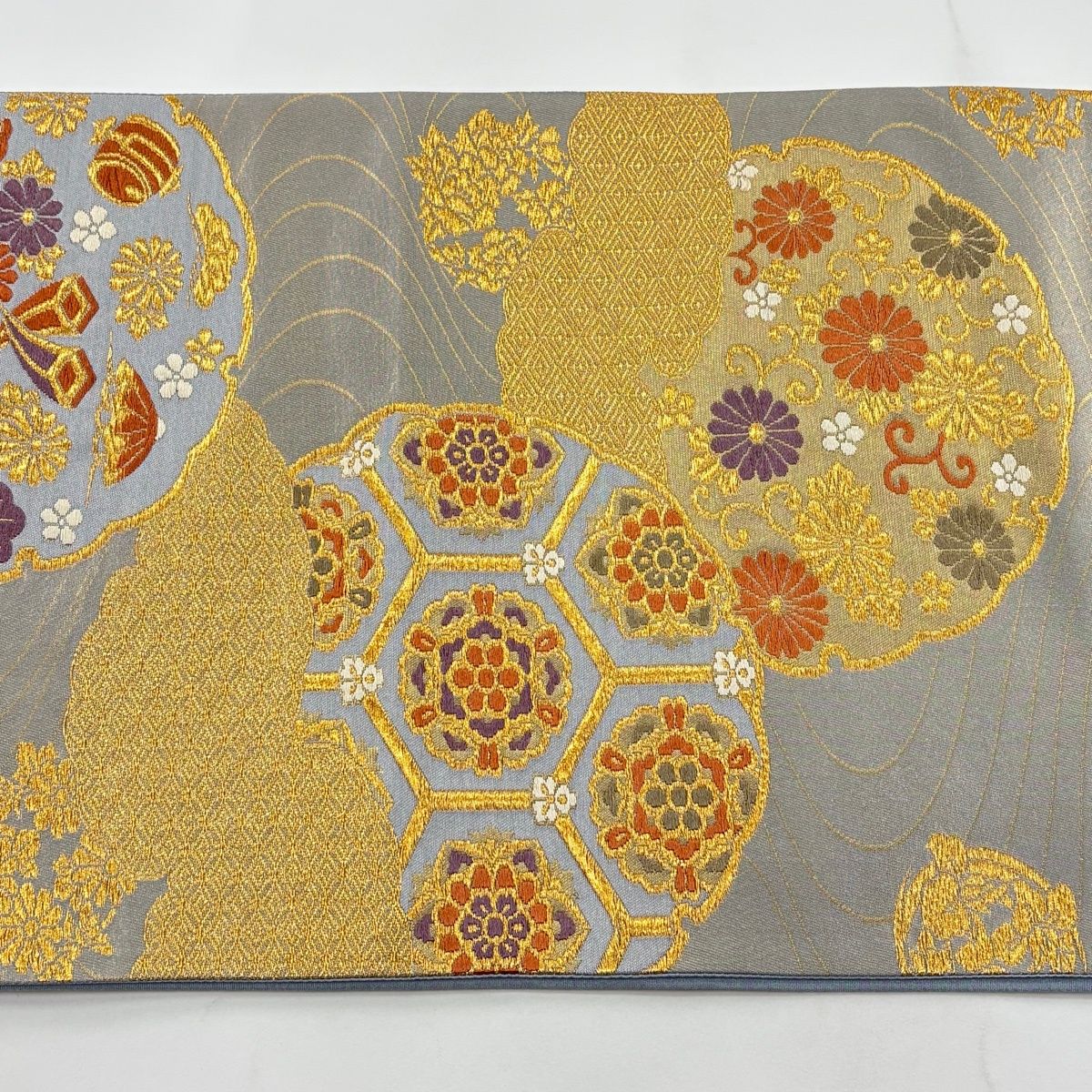 在庫一掃】 【美品】 袋帯 秀品 華文 雪輪 唐織 金糸 銀色 六通 正絹