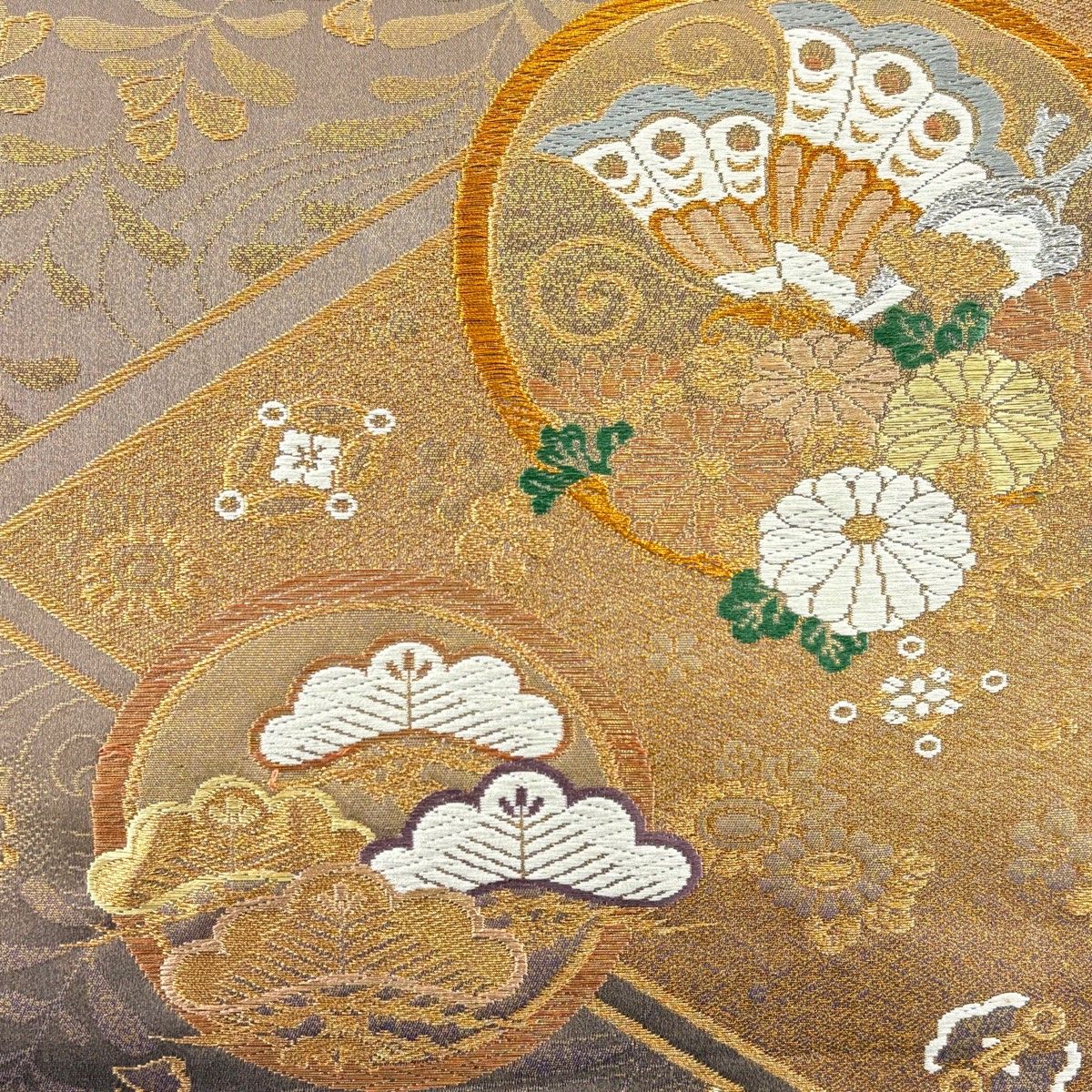 袋帯 名品 織乃綾 入子菱 金糸 箔 灰紫 六通 正絹 中古