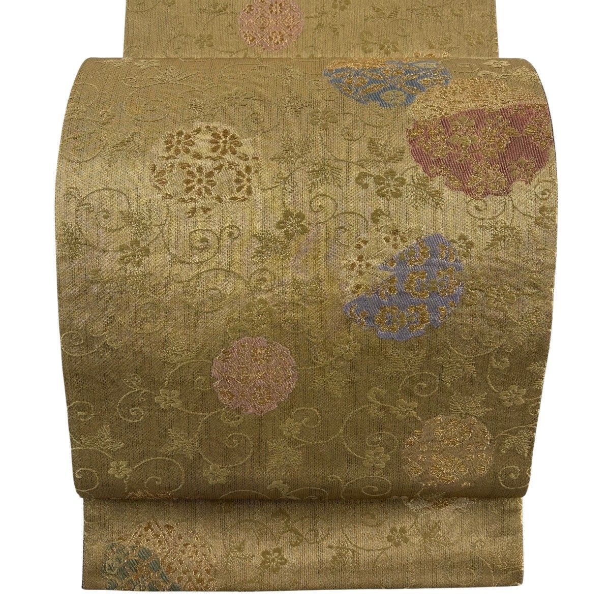 在庫一掃】 【美品】 袋帯 秀品 雪輪 草花 金糸 箔 金色 全通 正絹