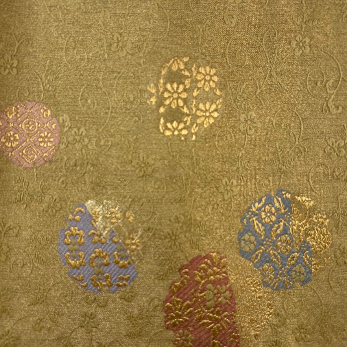 美品】 袋帯 秀品 雪輪 花唐草 箔 金糸 薄茶色 六通 正絹 【中古】