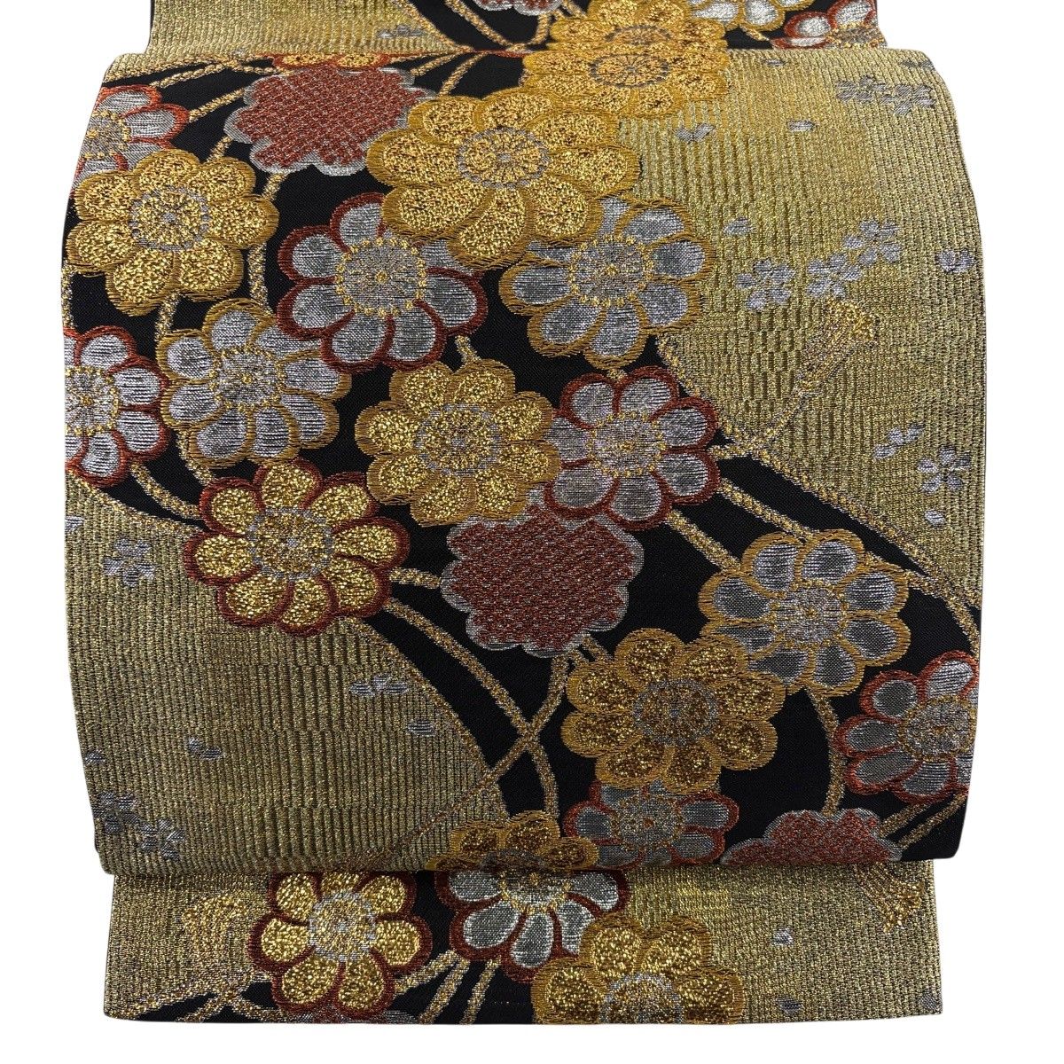 在庫一掃】 袋帯 秀品 草花 組紐 金糸 箔 黒 六通 正絹 【中古