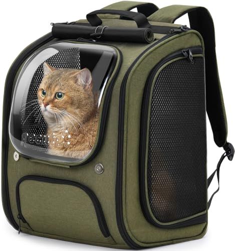 Pecute ペットバックパック バブル リュック 犬 猫 キャリー リュック 透明な窓 通気性 猫キャリーバッグ 猫 小中型犬用 バッグ 折り畳み 旅行 通院 防災 避難用 ペットキャリー ダークグリーン 0