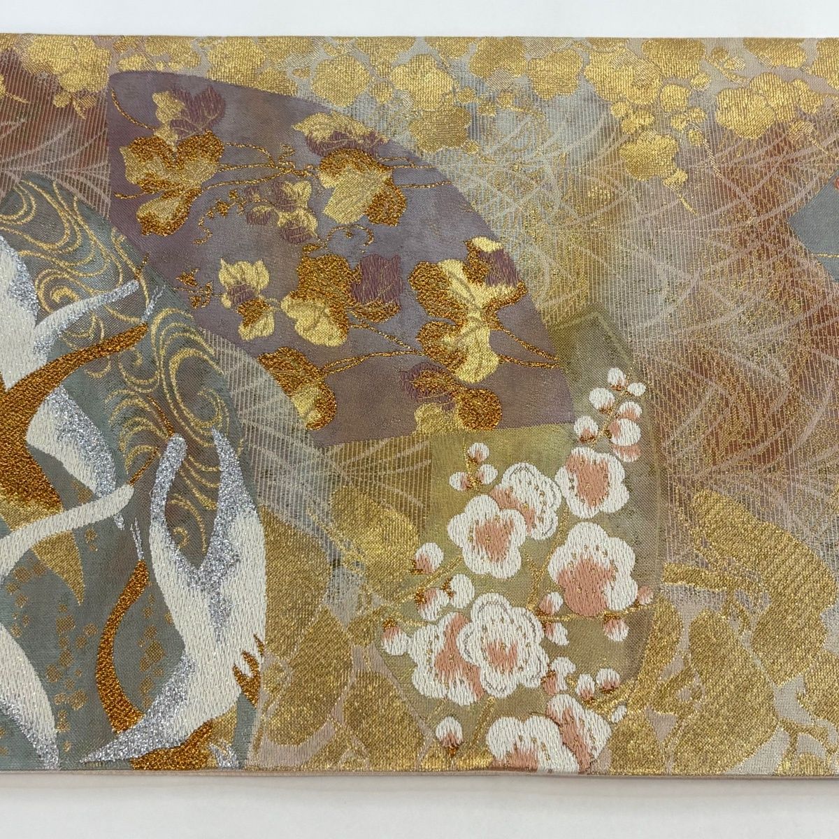在庫一掃】 【美品】 袋帯 秀品 鶴 枝梅 箔 刺繍 金色 六通 正絹