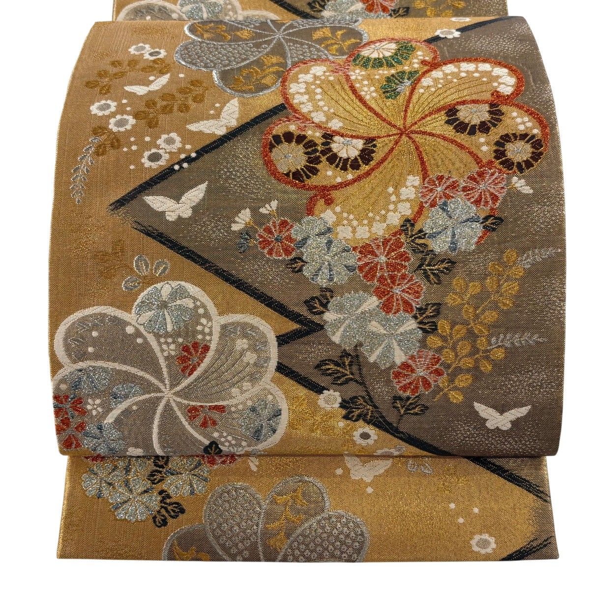 在庫一掃】 【美品】 袋帯 秀品 草花 蝶 箔 唐織 金色 六通 正絹