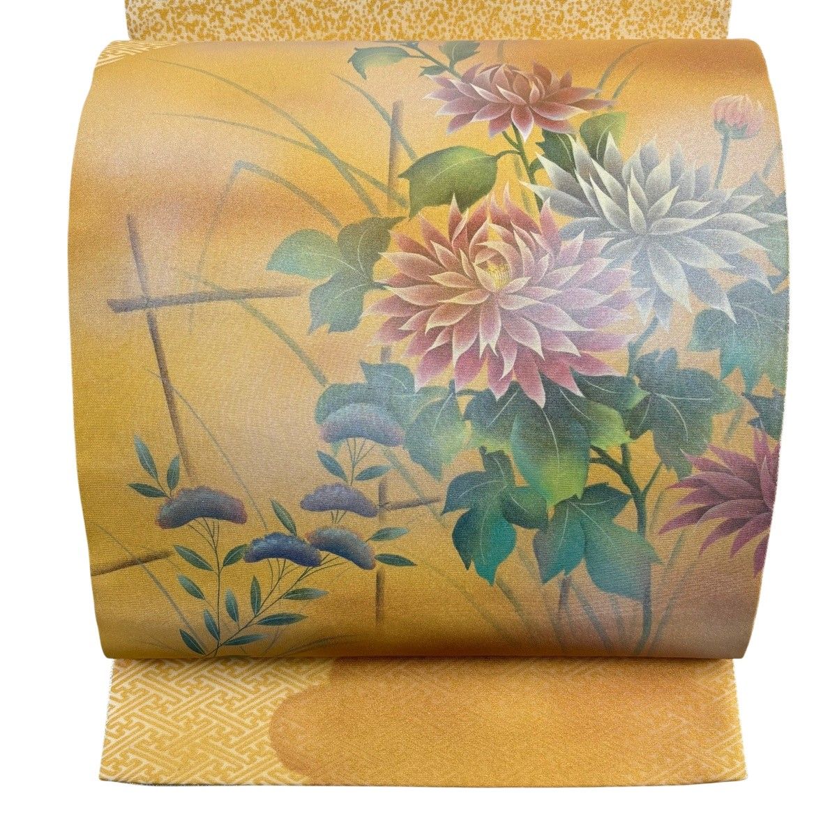在庫一掃】 【美品】 袋帯 秀品 落款 草花 紗綾形 金彩 山吹色 お太鼓
