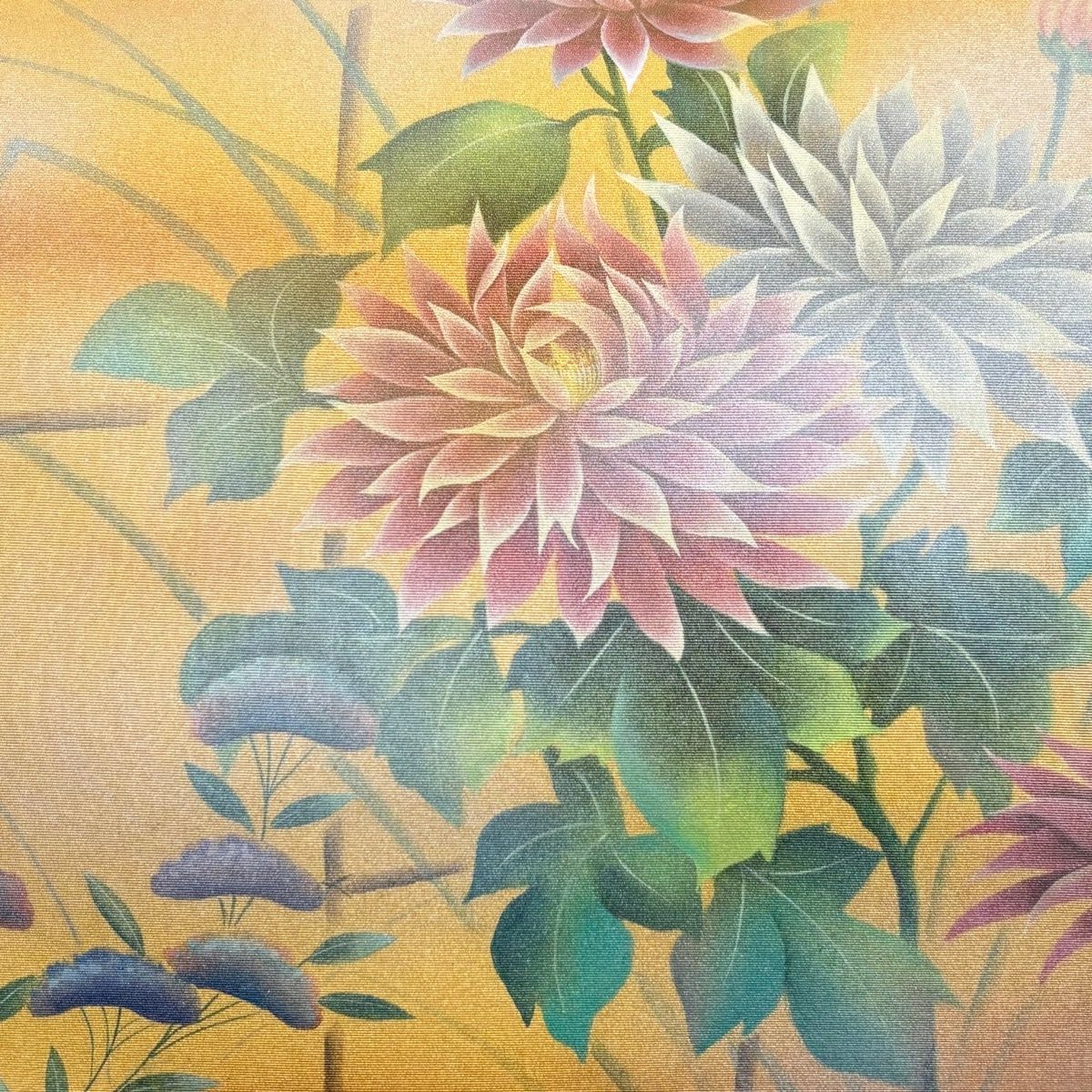 在庫一掃】 【美品】 袋帯 秀品 落款 草花 紗綾形 金彩 山吹色 お太鼓