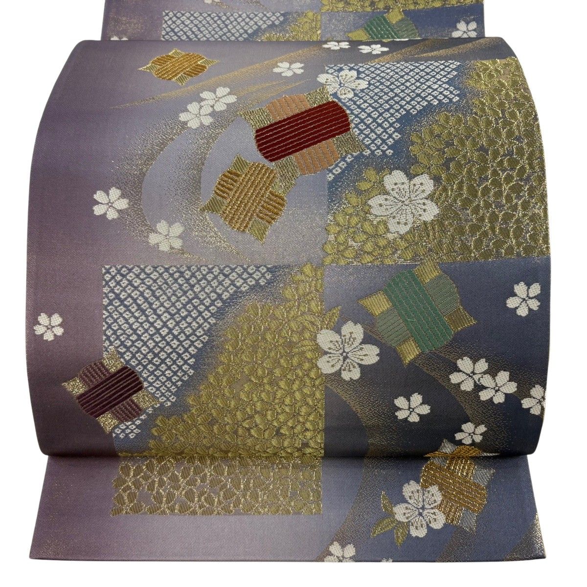在庫一掃】 【美品】 袋帯 秀品 糸巻き 桜 箔 金糸 青紫 六通 正絹