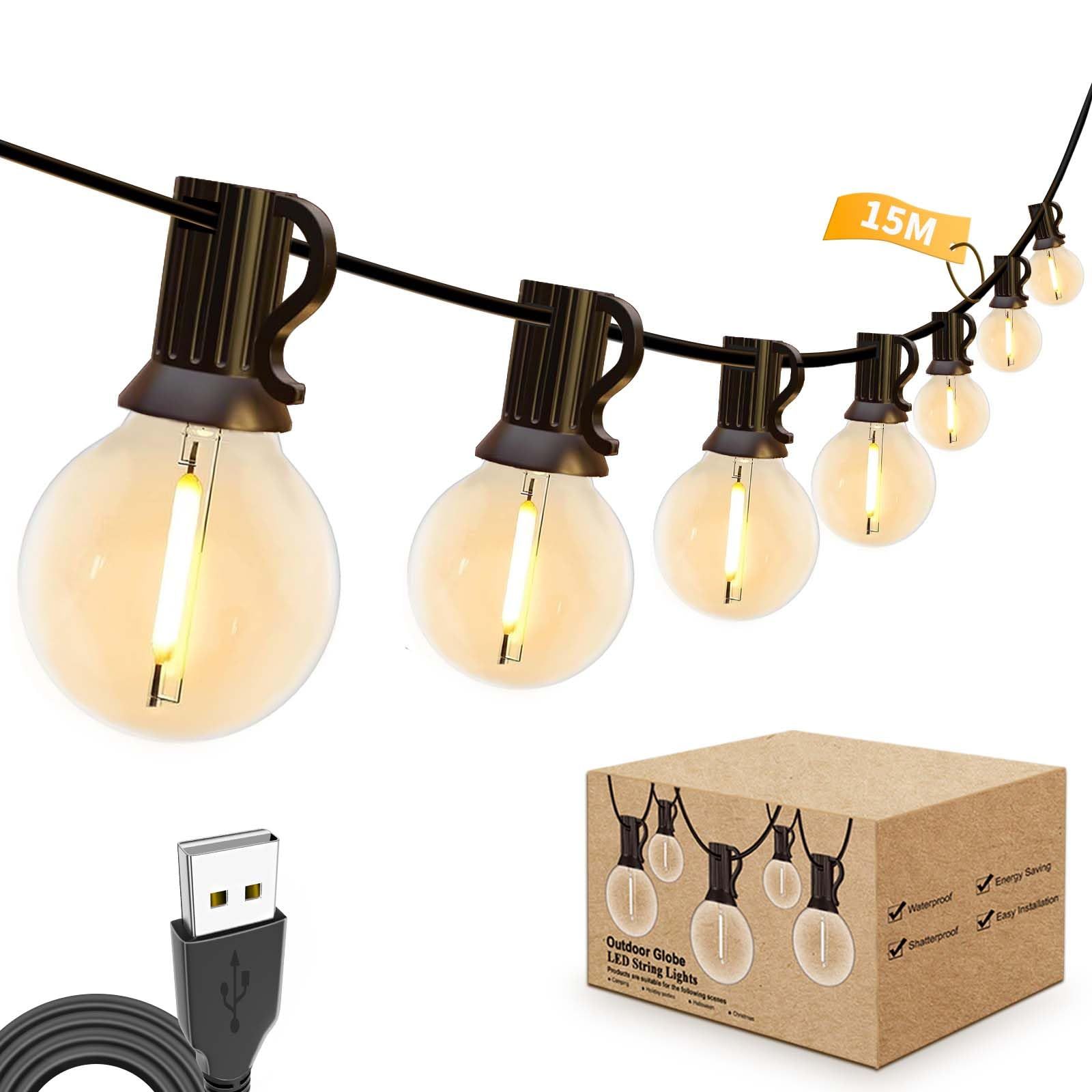 Amazon.co.jp限定 IKERY LEDストリングライト 15M 電球色 USB 5V イルミネーションライト 破損しにくい 25＋1個 G40電球 E12口金 防雨型 屋内／屋外間接照明 誕生日 ハロウィーン リスマスツリー led電飾 ガーデン 0
