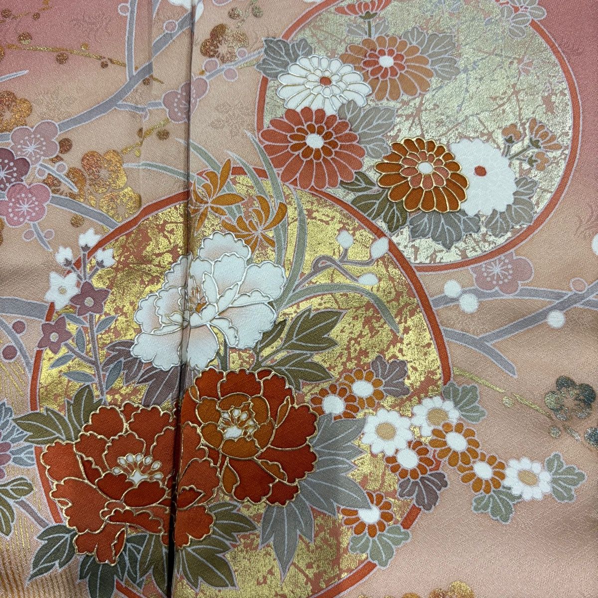 在庫一掃】 訪問着 身丈157.5cm 裄丈63cm S 袷 枝梅 牡丹 金銀彩 金糸