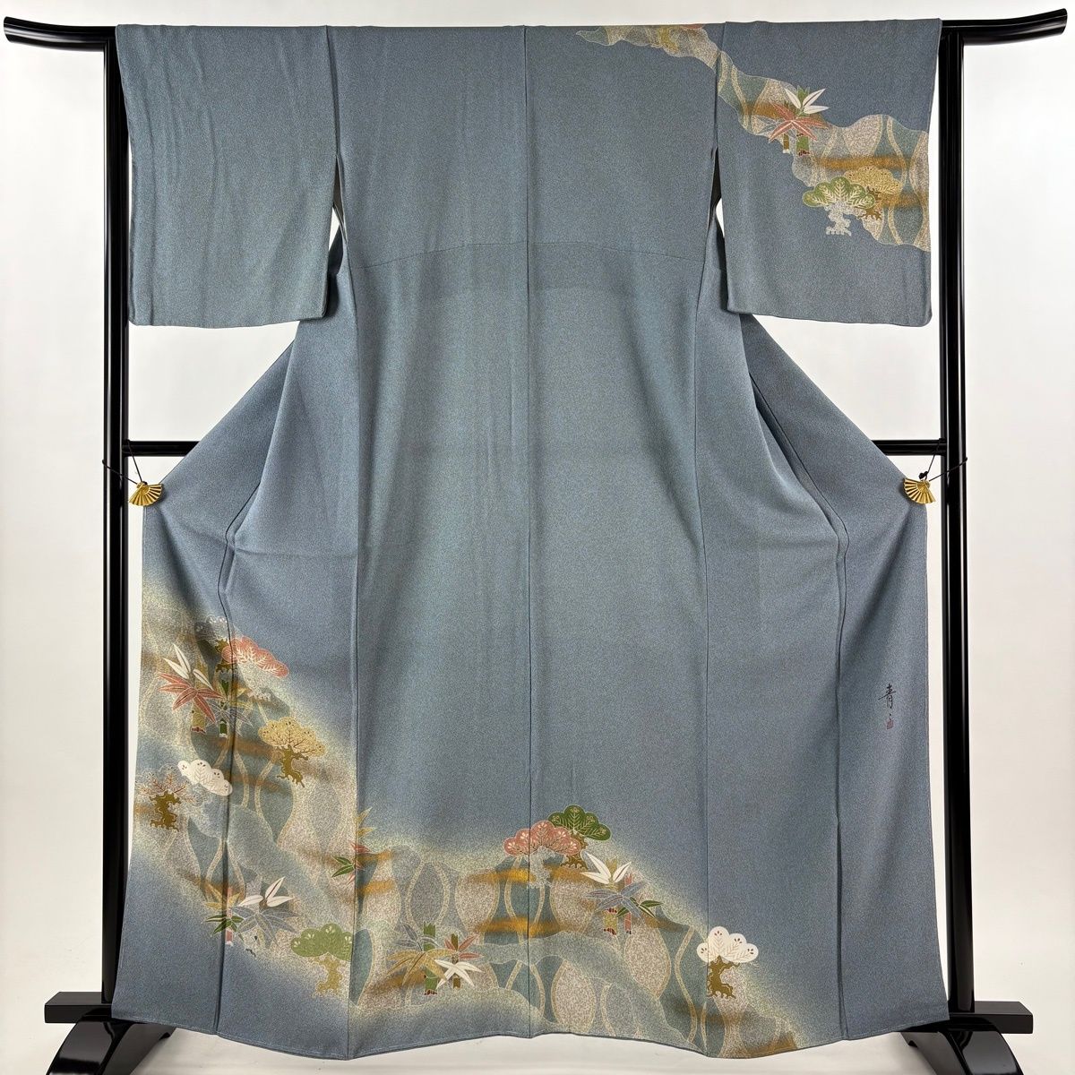 在庫一掃】 訪問着 身丈163cm 裄丈64cm M 袷 松井青々 落款 松 笹 金彩