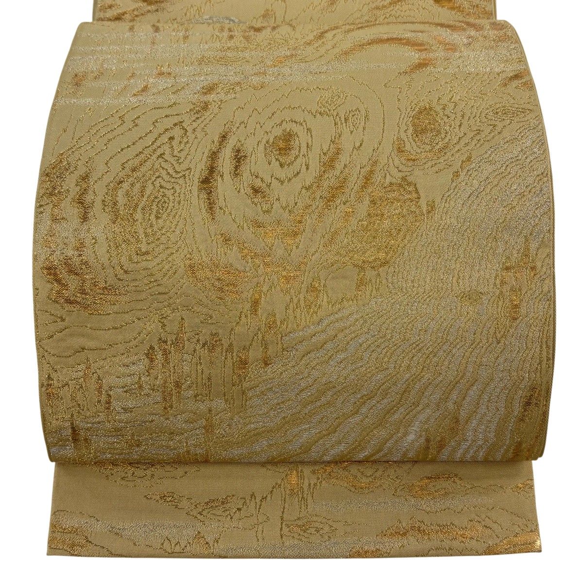 【在庫一掃】 袋帯 逸品 龍村平蔵 落款 幾何学模様 金銀糸 箔 ベージュ お太鼓柄 正絹 【中古】
