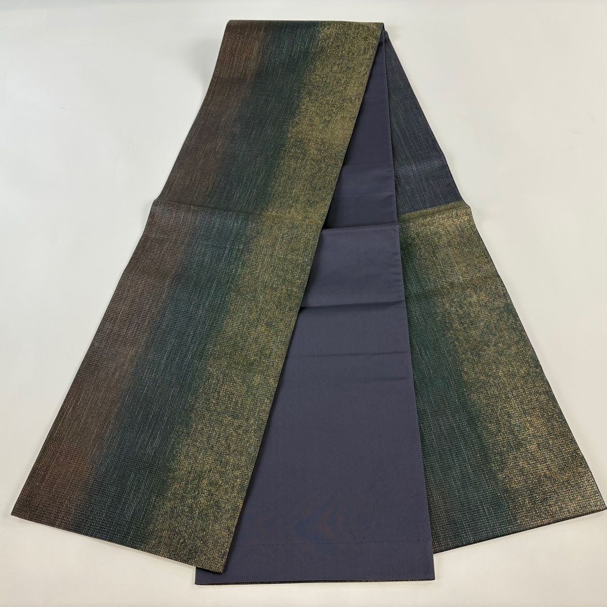 専用帯6322 ●中村乃武夫 高級 正絹 六通 袋帯 在庫一掃】 【美品】 袋帯 逸品 中村乃武夫 落款 縦縞 箔 灰緑 六通