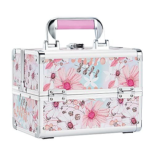 Hapilife メイクボックス 大容量 2段トレイ かわいい コスメボックス 鏡付き コスメ道具入れ 化粧箱 ネイルグッズ 化粧品入れ ネイル収納 鍵付き (ピンク-桜の花) 0