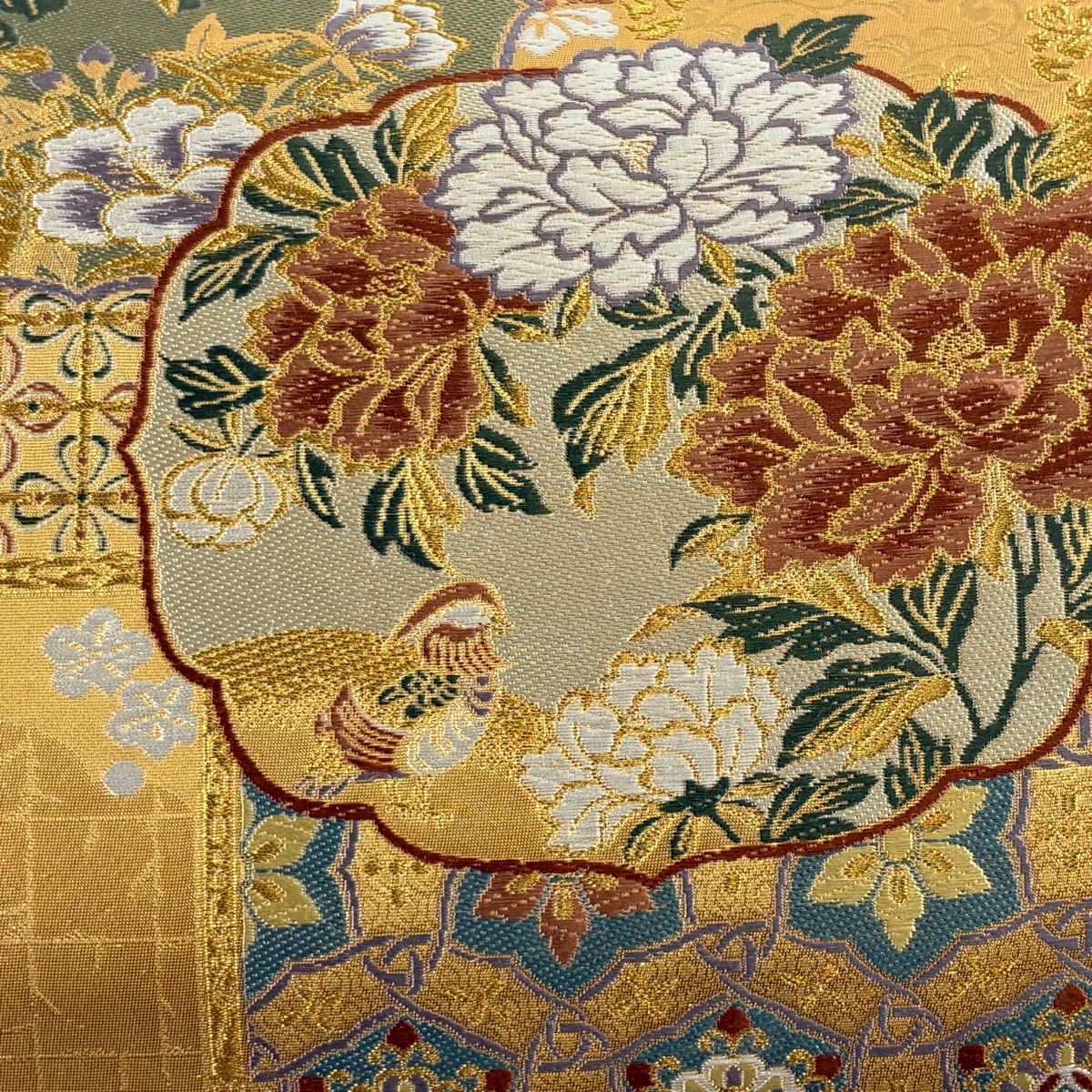 在庫一掃】 【美品】 袋帯 逸品 落款 証紙 市田ひろみ 牡丹 鴛鴦 金糸
