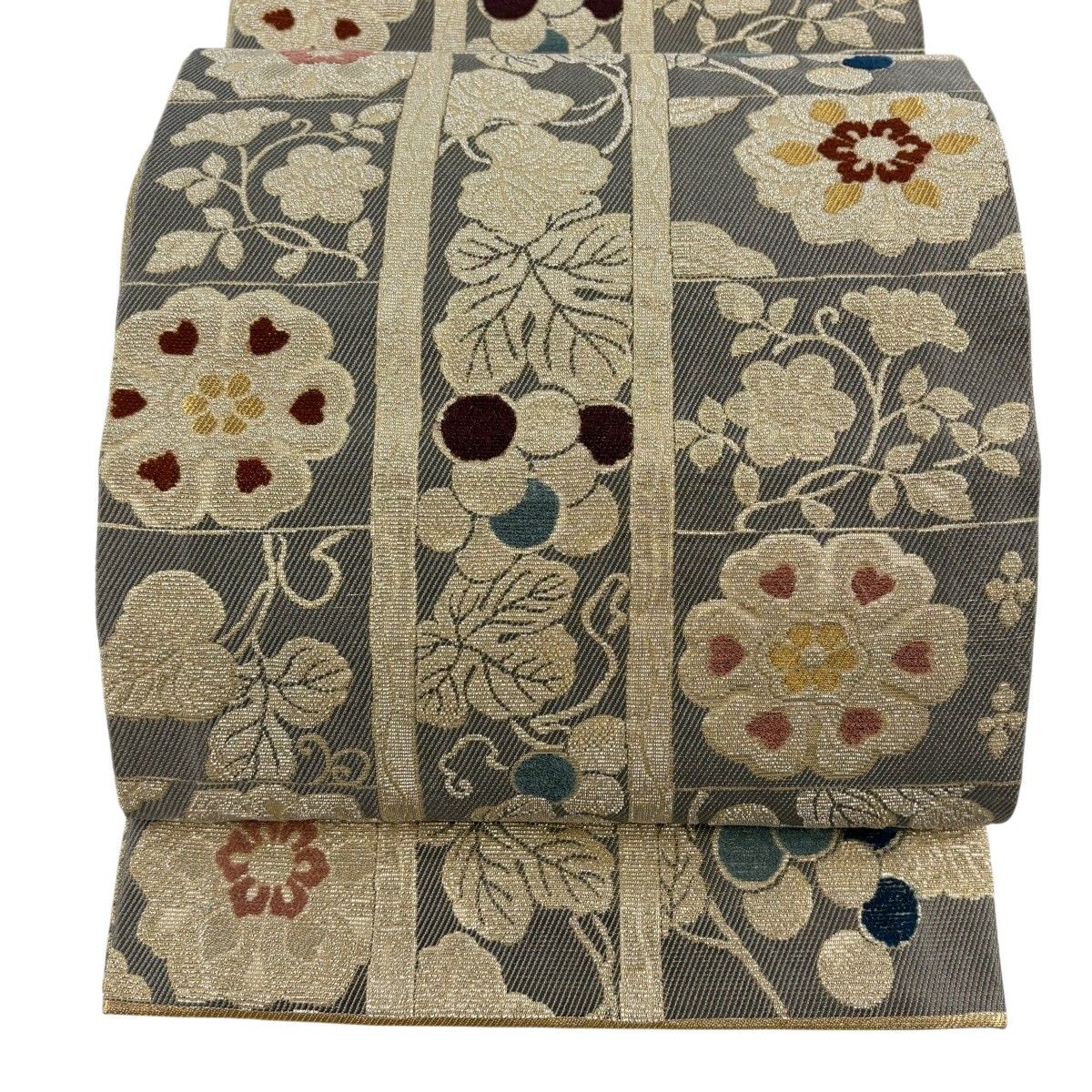 【在庫一掃】 【美品】 袋帯 逸品 華文 葡萄 金銀糸 灰色 六通 正絹 【中古】