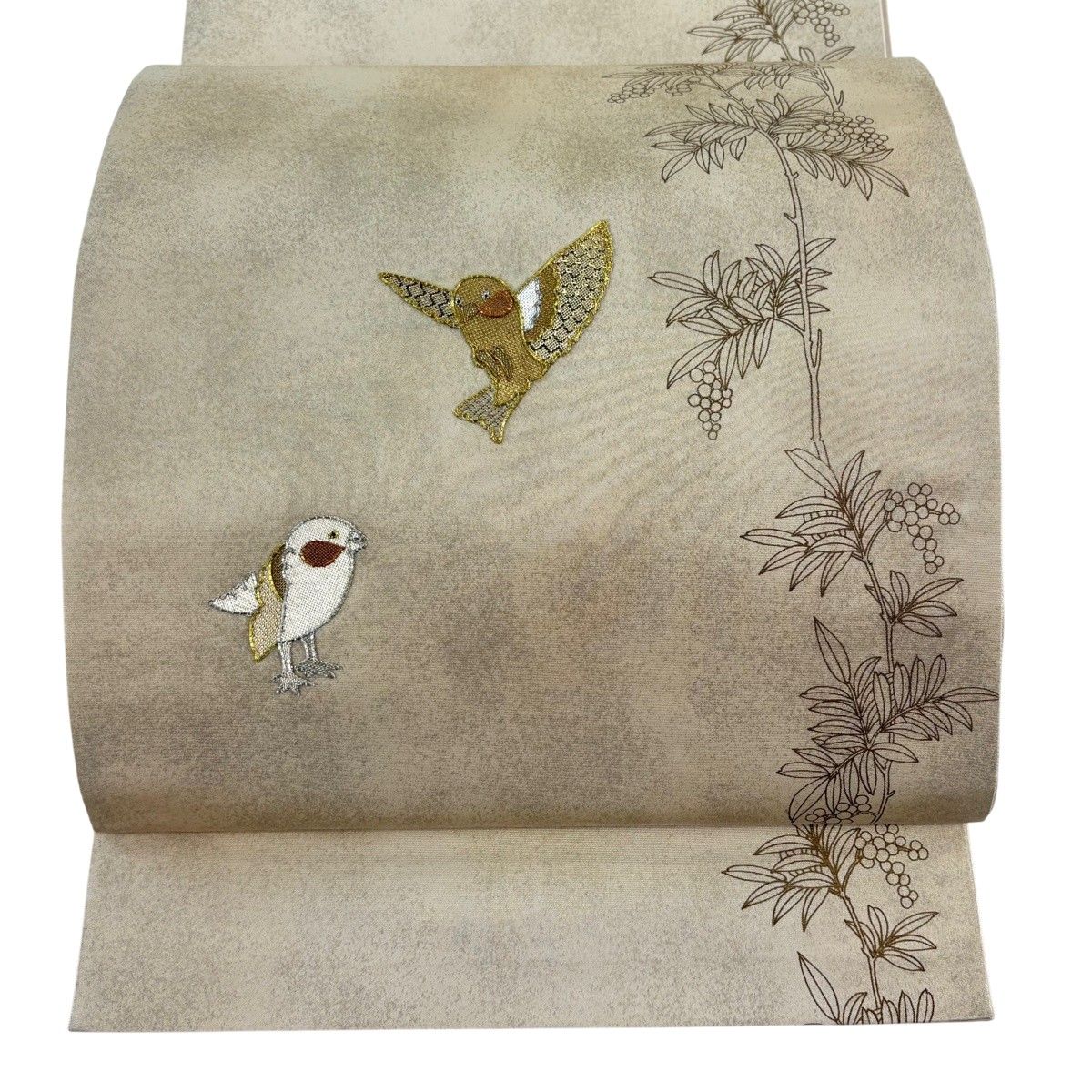 在庫一掃】 袋帯 逸品 鳥 葉と実 箔 ベージュ お太鼓柄 正絹 【中古